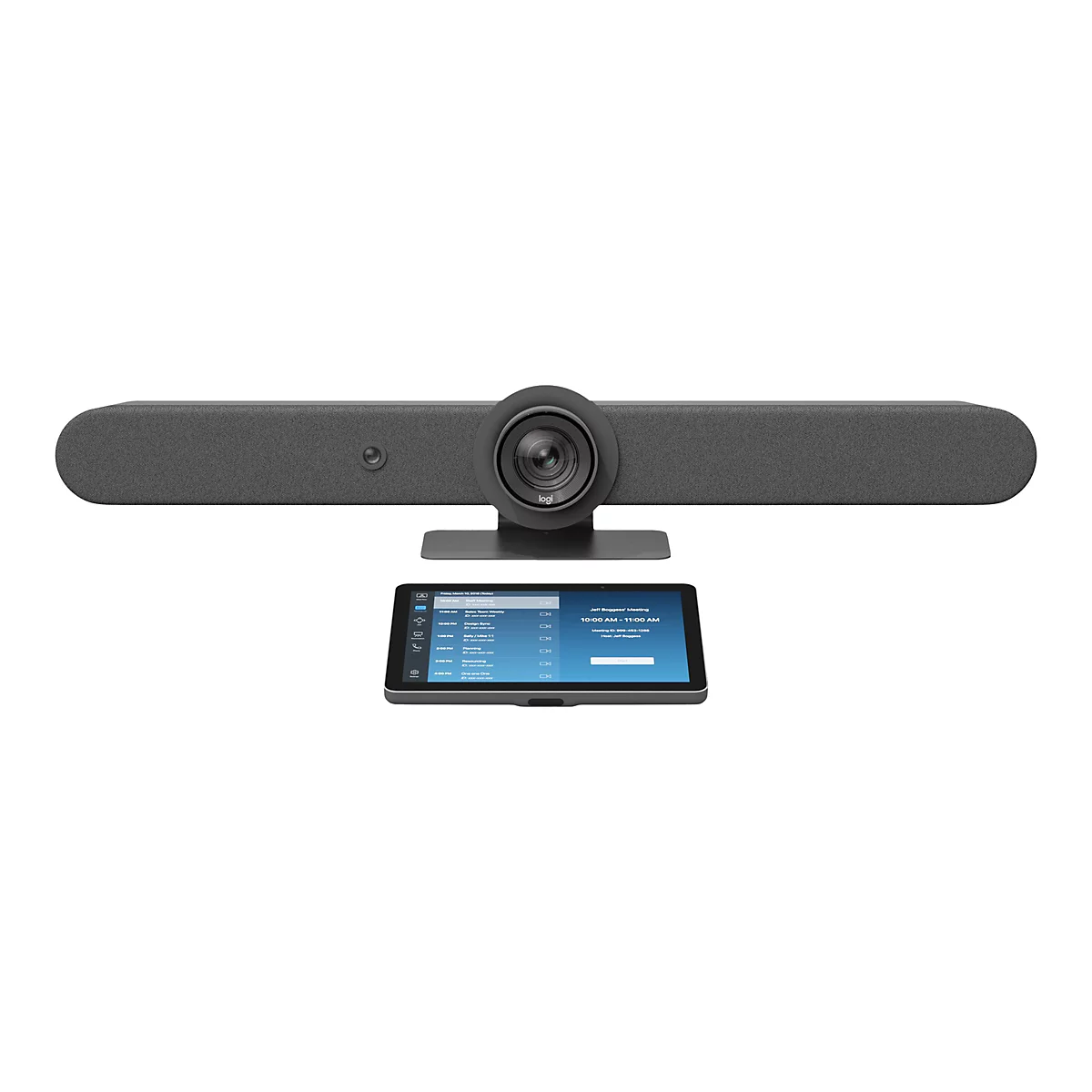 Videokonferenzsystem mit integrierter Kamera, Display und Steuerungselementen. Das System befindet sich vor weißem Hintergrund.