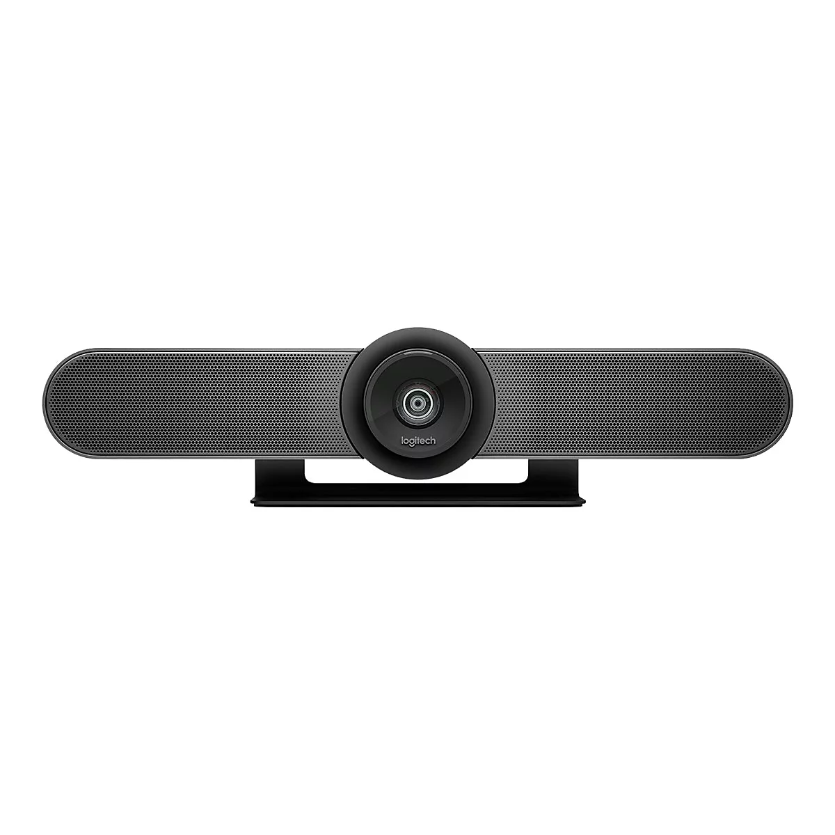 Schwarze Videokonferenzkamera mit Logitech-Logo, auf weißem Hintergrund.