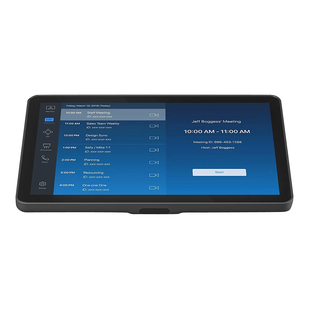 Ein schwarzes Tablet zeigt einen Meeting-Zeitplan an. Auf dem Bildschirm sind Uhrzeiten, Meeting-Namen und die Option 'Start' zu sehen.