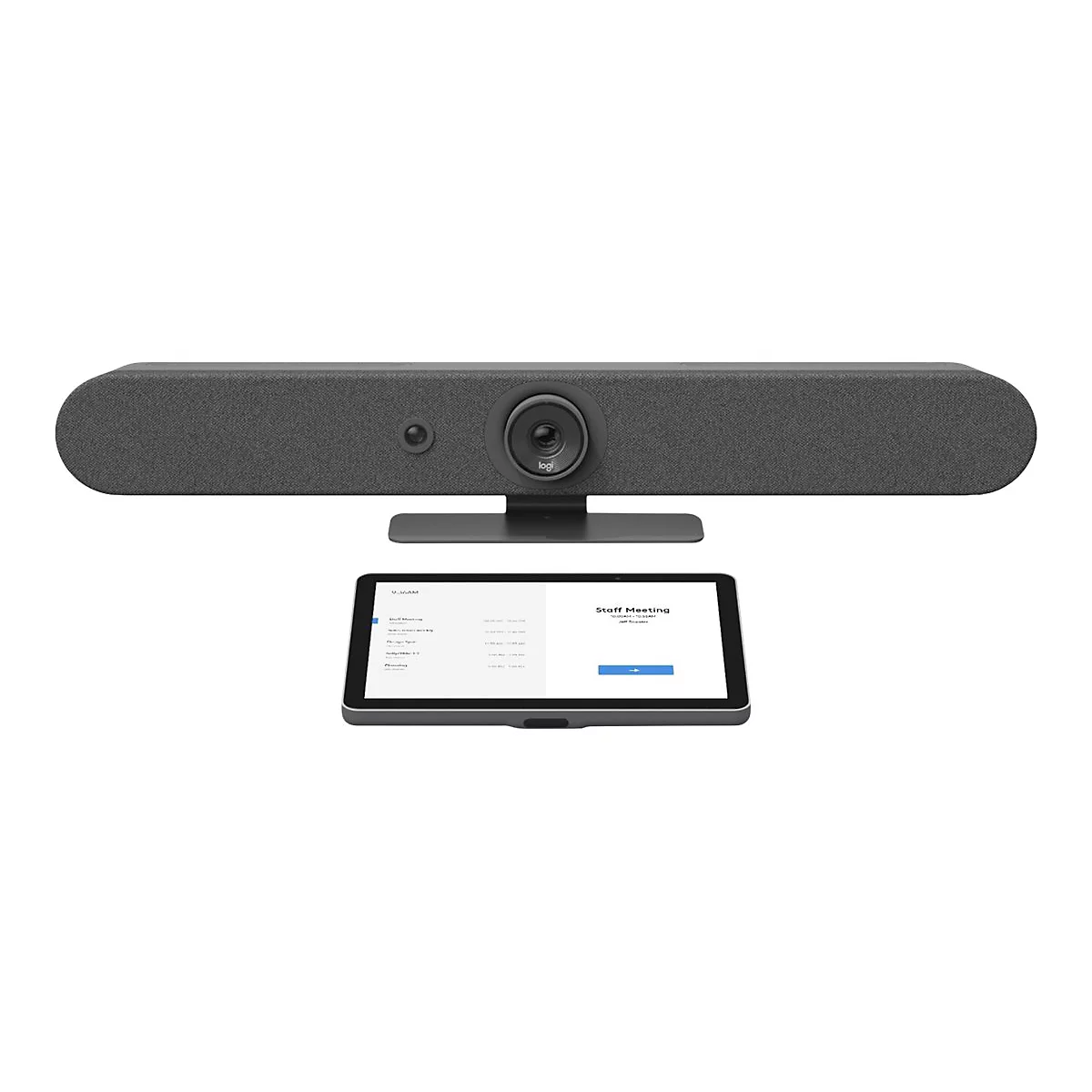 Graue Videokonferenzleiste mit Kamera, Mikrofon und Tablet; Anzeige eines Meetings.