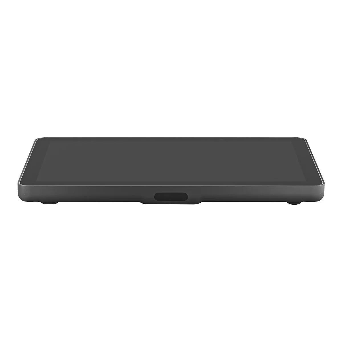 Dunkelgraues Tablet, Display nach oben, auf hellgrauem Grund. Unterseite mit kleinen Füßen und kleiner Aussparung.