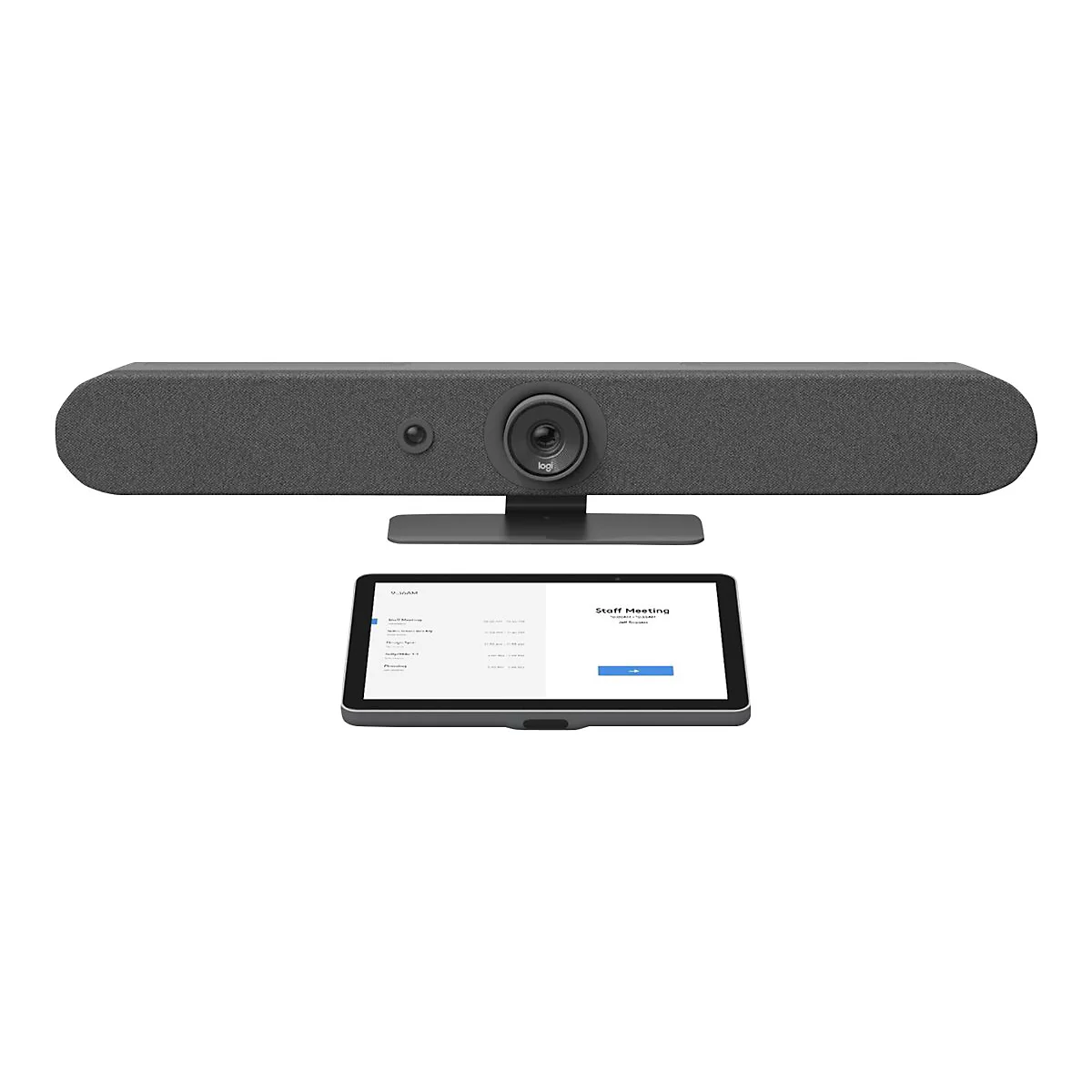 Videokonferenz-System mit Tablet. Auf dem Tablet ist ein Meeting-Zeitplan zu sehen. Auf der Hauptleiste ist das Logo von Logitech.