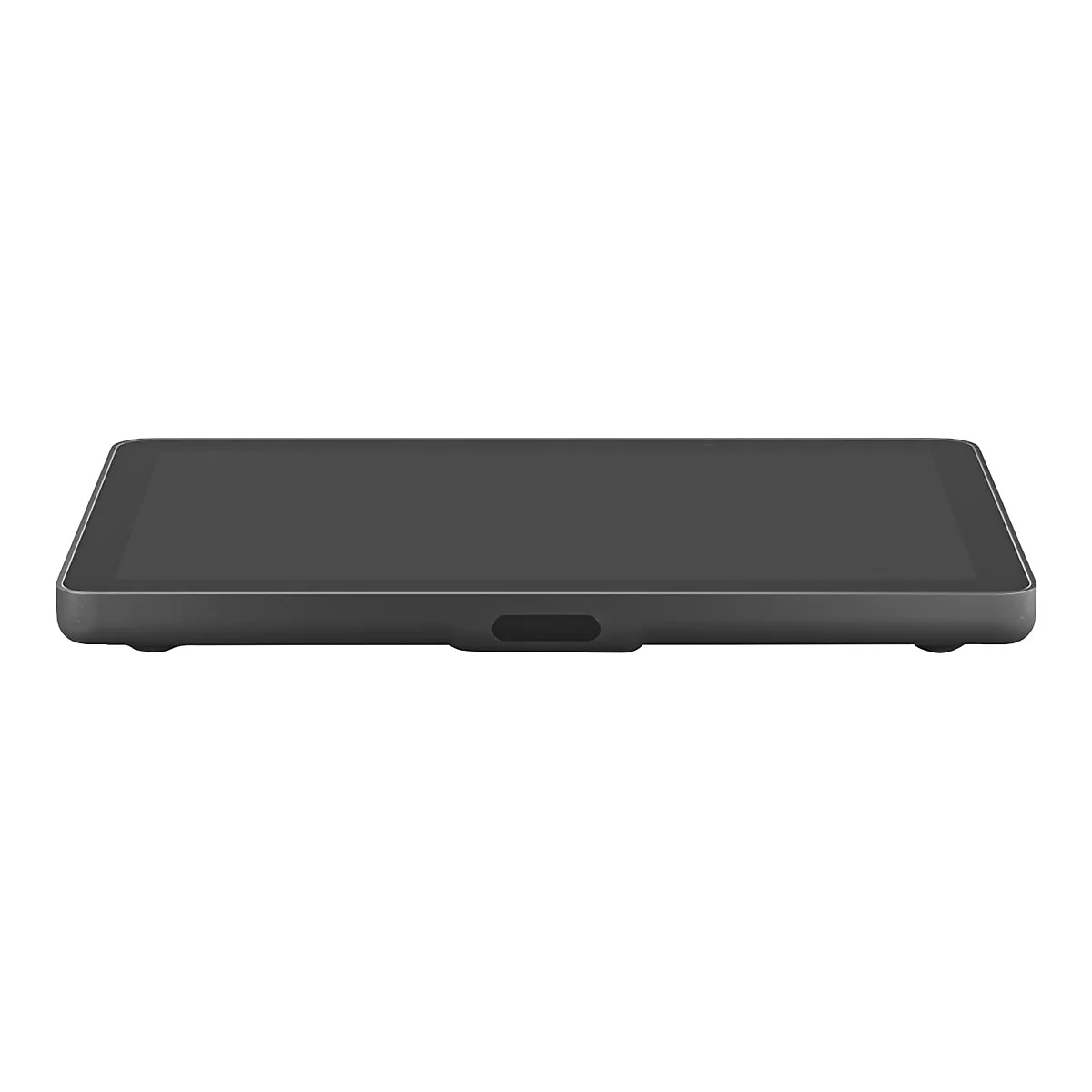 Dunkelgraues Tablet, Display nach oben, auf hellgrauem Grund.