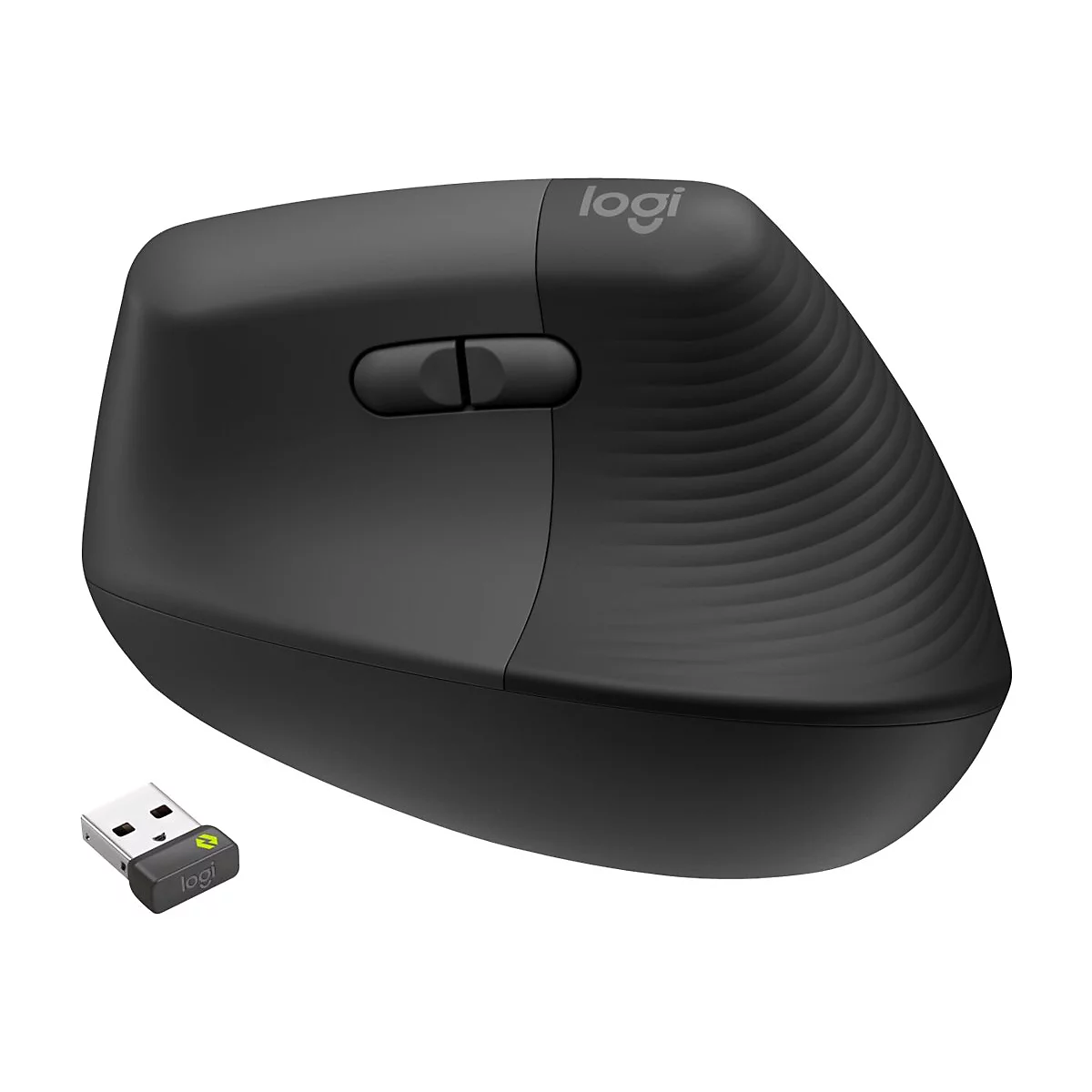 Souris ergonomique noire avec logo, à côté d'un récepteur USB.