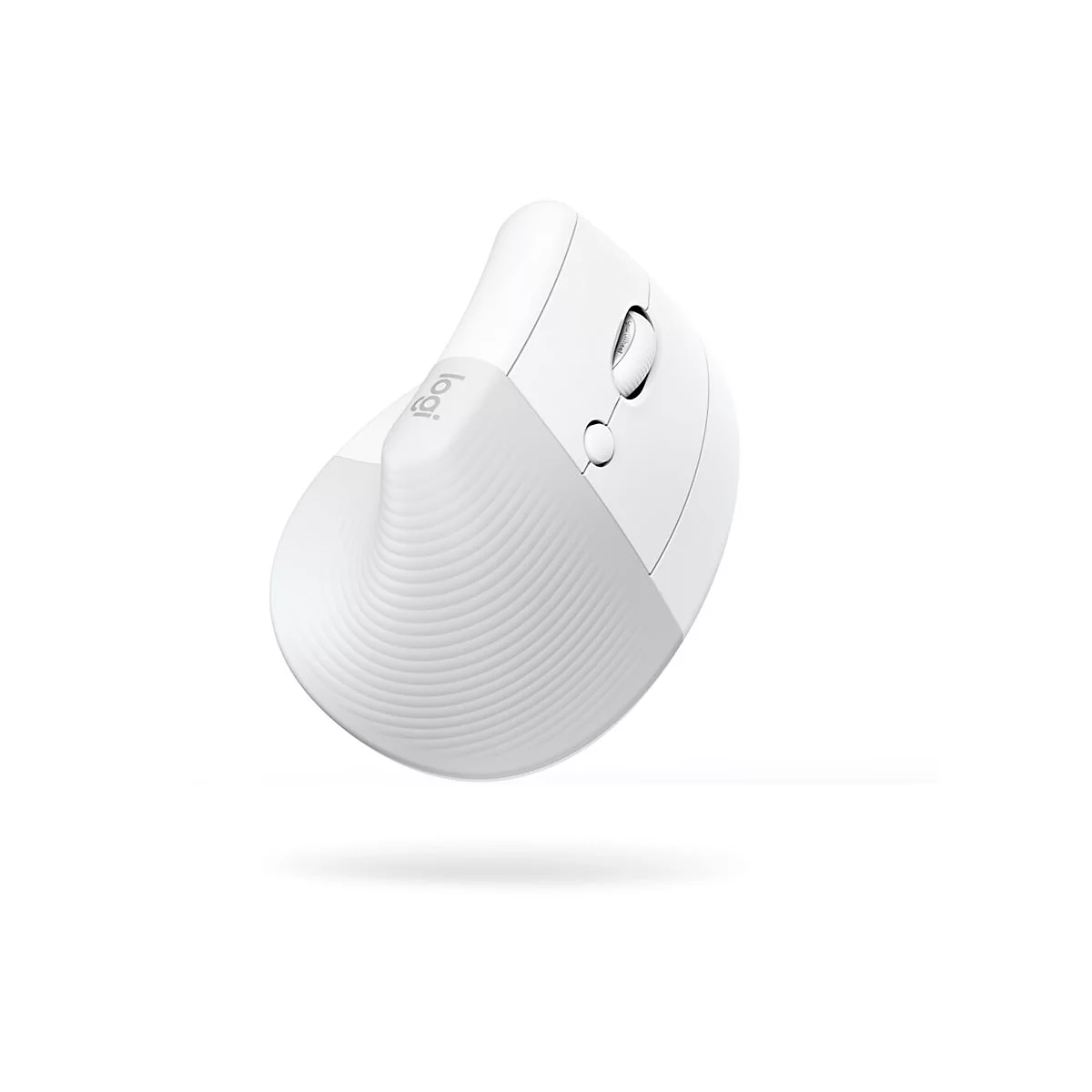Souris ergonomique blanche de Logitech, vue de dÃ©tail sur fond blanc.