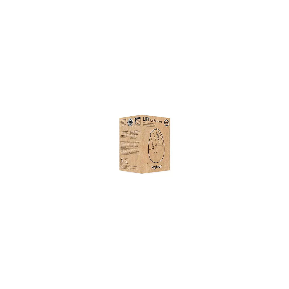 Emballage en carton brun montrant une illustration d'une souris ergonomique verticale. Texte : LIFT for Business, Logitech.