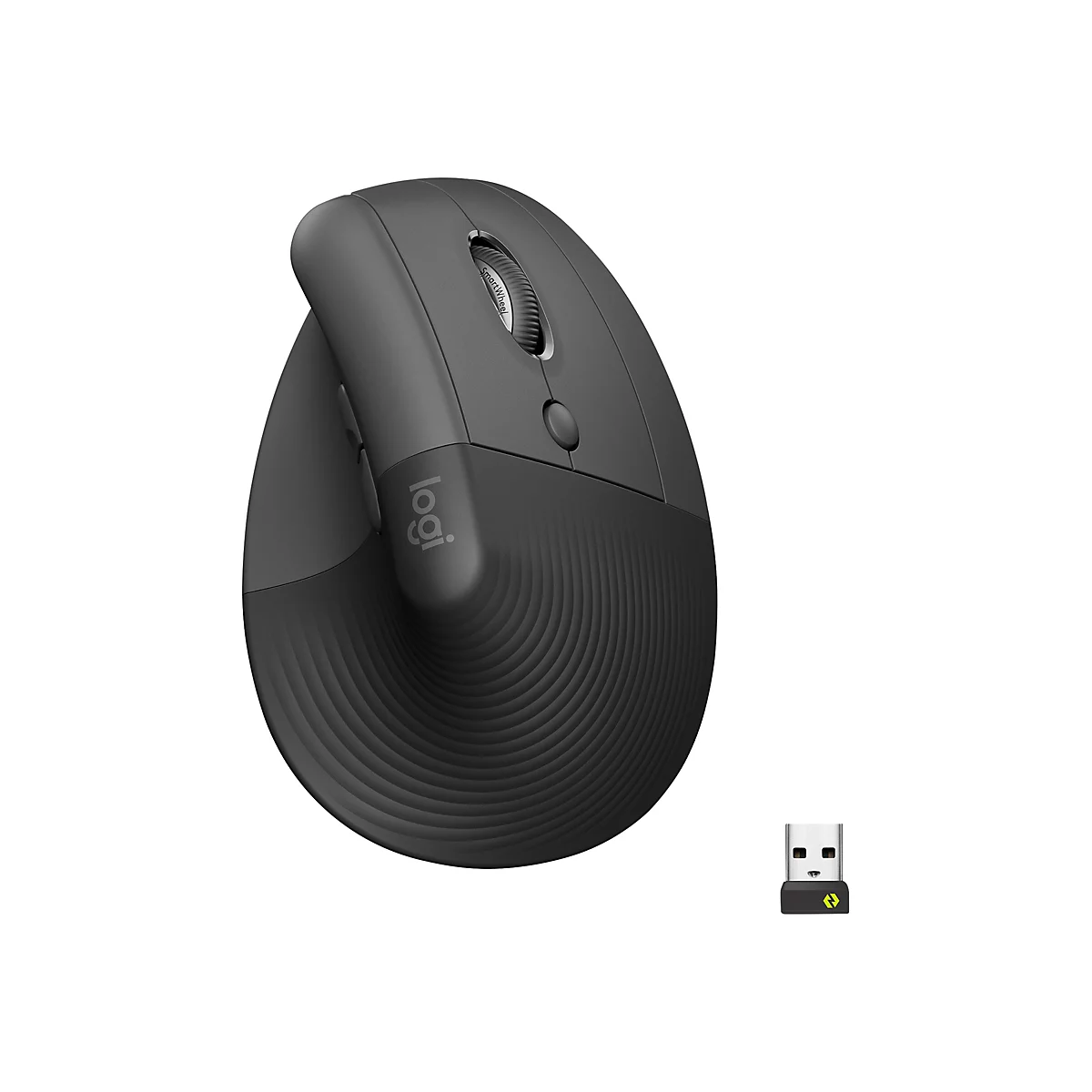 Drahtlose ergonomische Maus in Schwarz, neben USB-Empfänger, auf weißem Hintergrund.