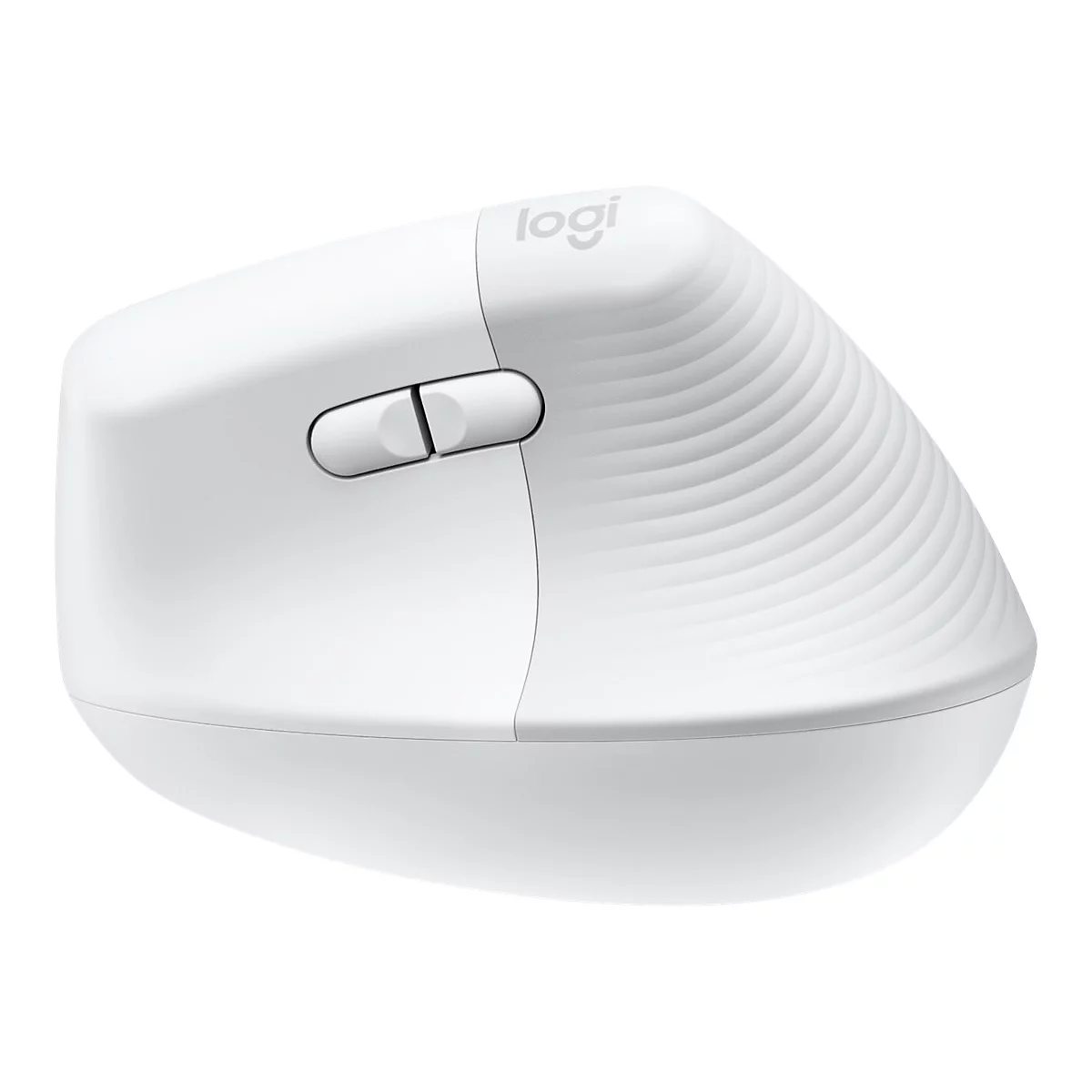 Weisse ergonomische Maus mit Markenlogo und geriffelter Oberfläche.