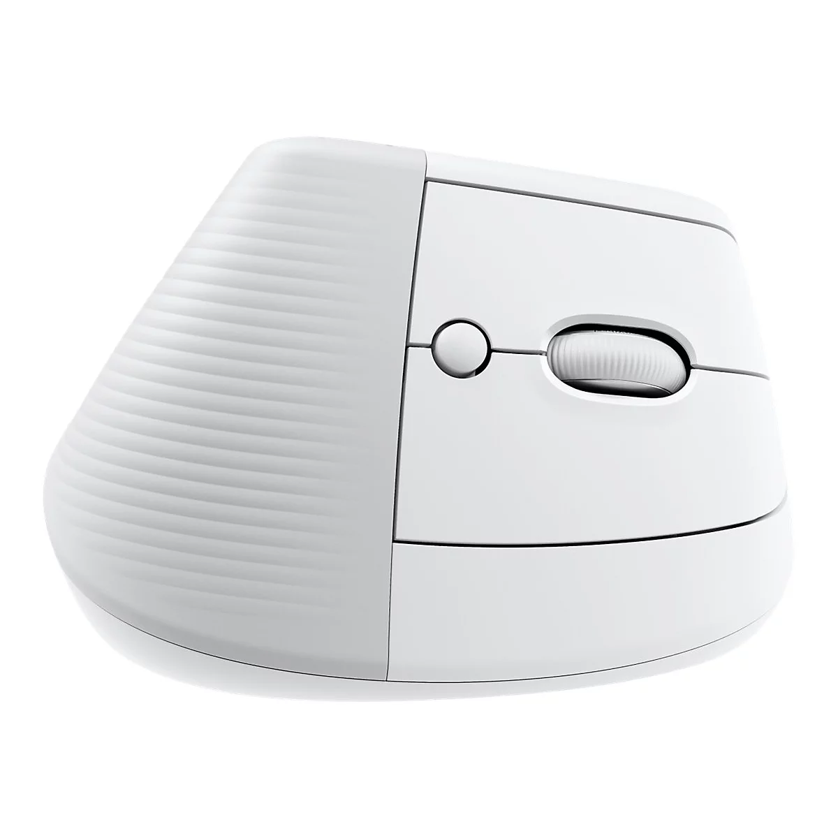 Weisse ergonomische Maus, mit Riffelung und Scrollrad, auf weißem Hintergrund.