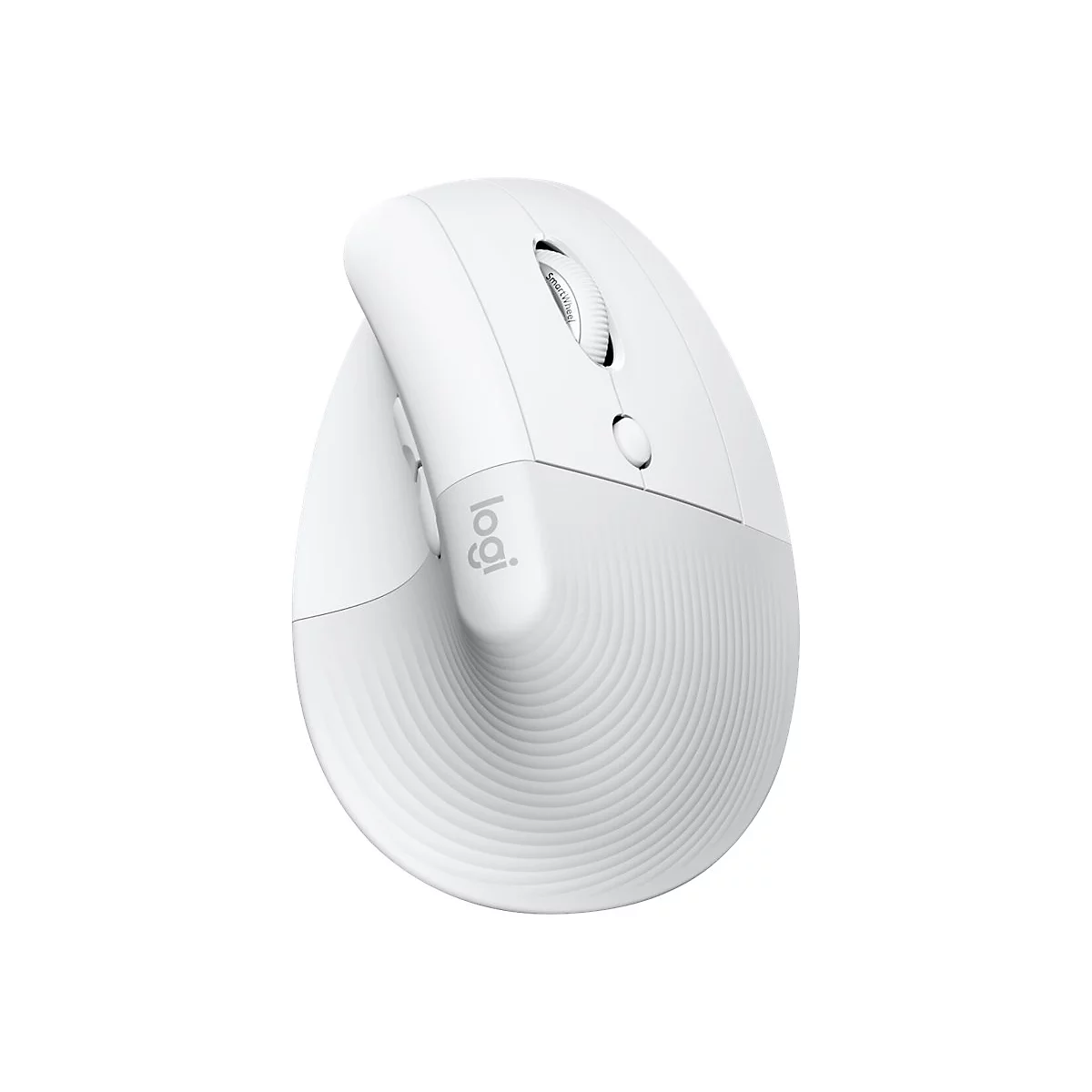 Weisse ergonomische Maus, Logo von logi. Oben Scrollrad, darunter Taste.
