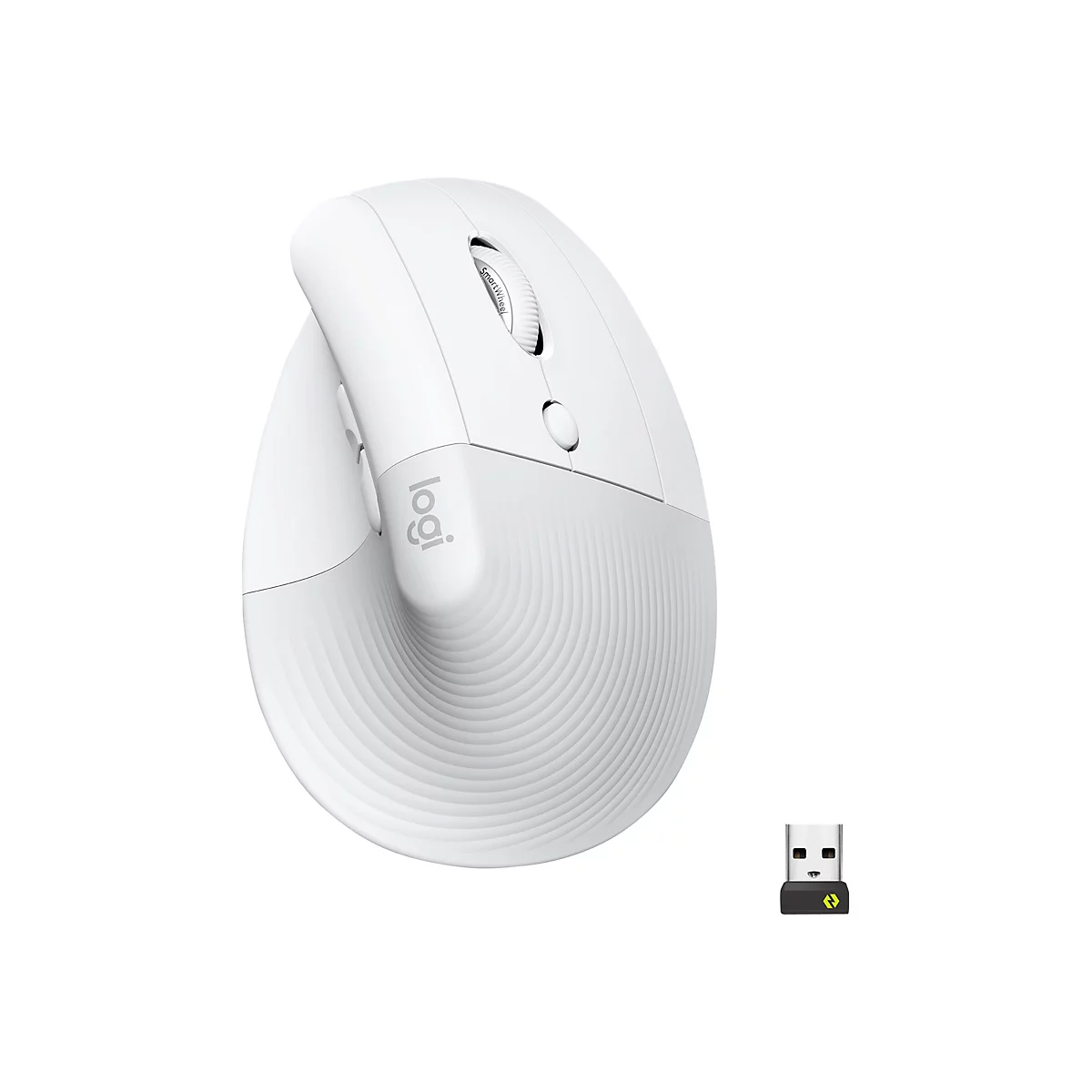 Weisse ergonomische Maus mit SmartWheel-Funktion und USB-Empfänger, Logo: Logi.