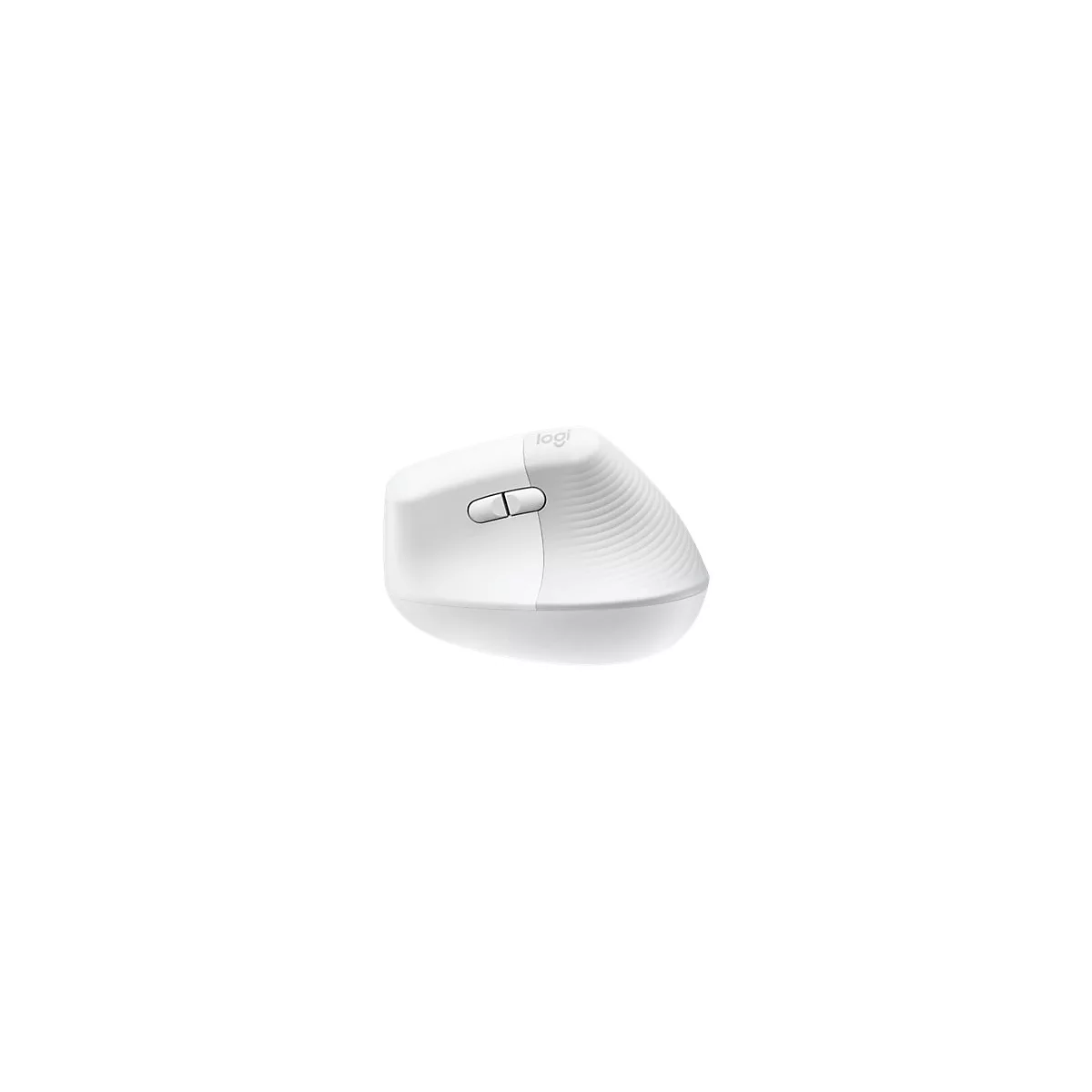 Weisse ergonomische Maus, mit Logo. Zwei Tasten, geriffelte Seiten.