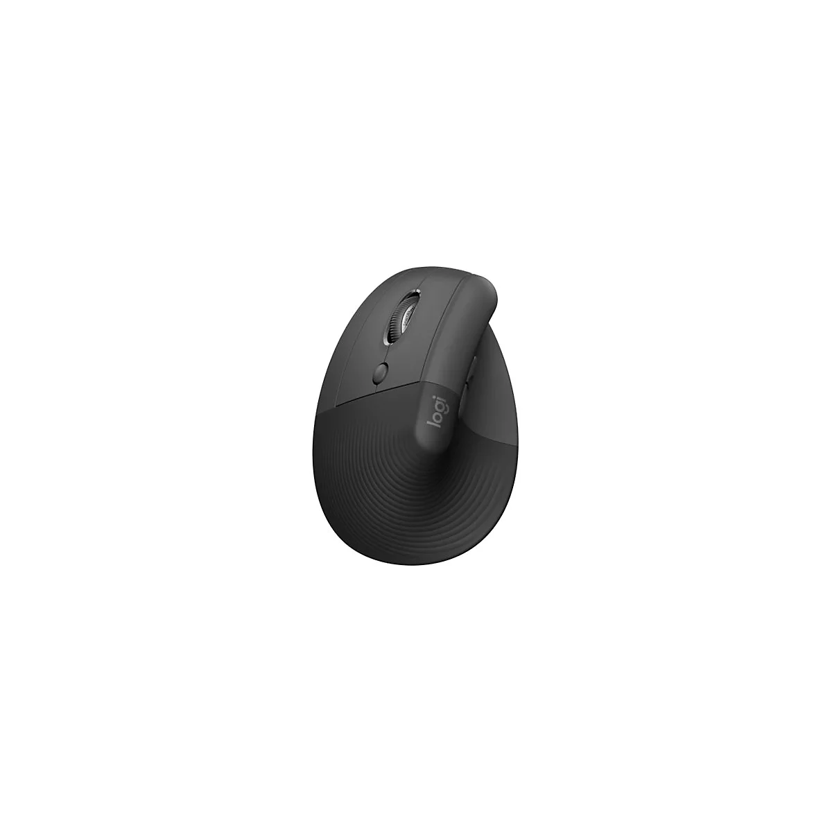 Draufsicht auf eine ergonomische, schwarze Maus mit Logo 'logi' auf weißem Hintergrund.