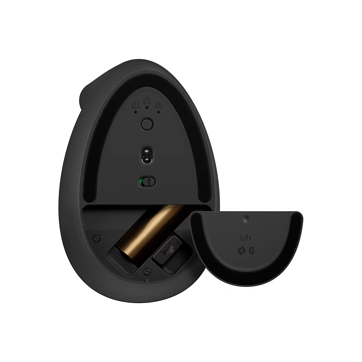 Draufsicht auf eine schwarze kabellose Maus. Die Batteriefachabdeckung ist geöffnet, eine Batterie ist sichtbar.