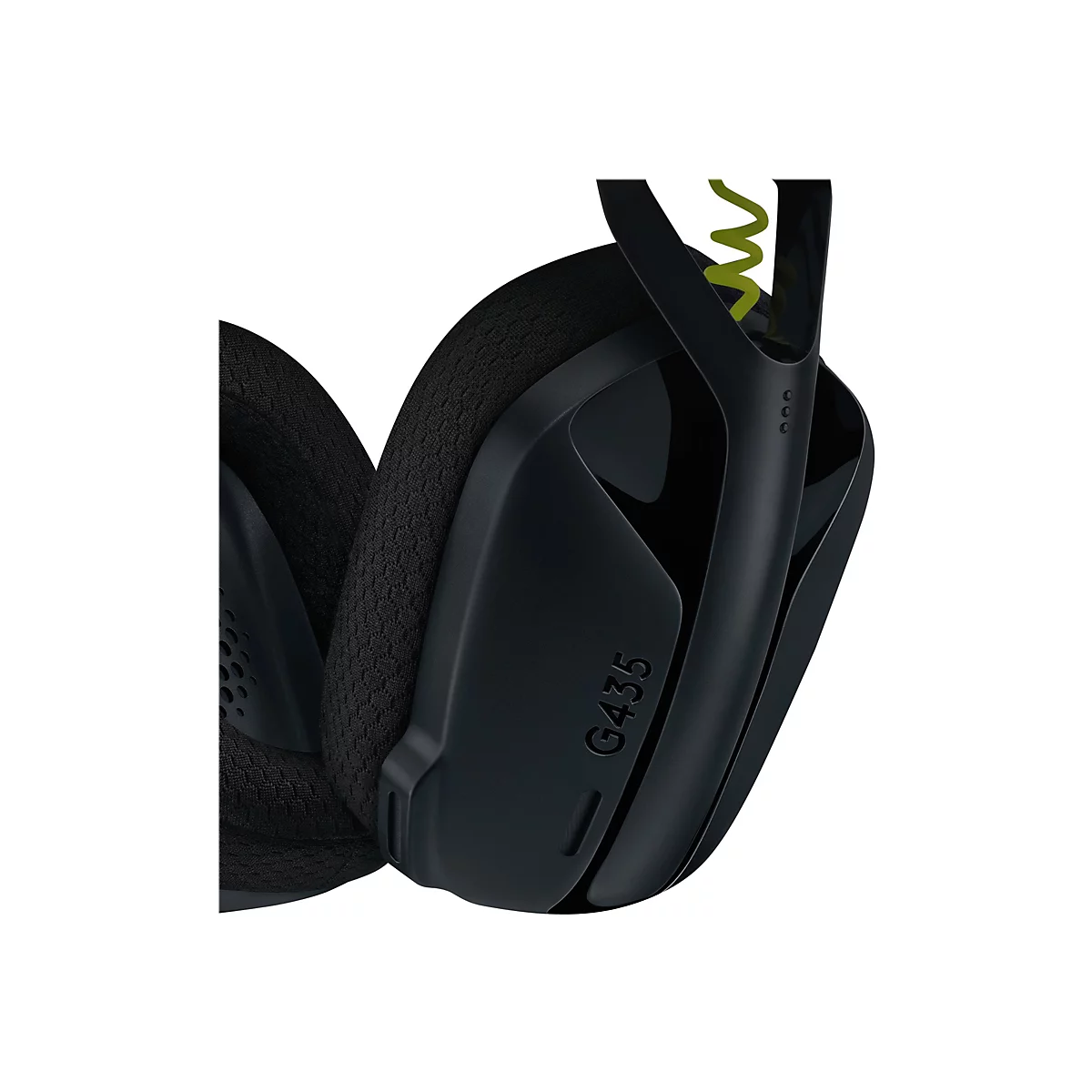 Nahaufnahme eines schwarzen Headsets; Auf der Seite steht "G435". Im Hintergrund ist ein grünes Kabel zu sehen.