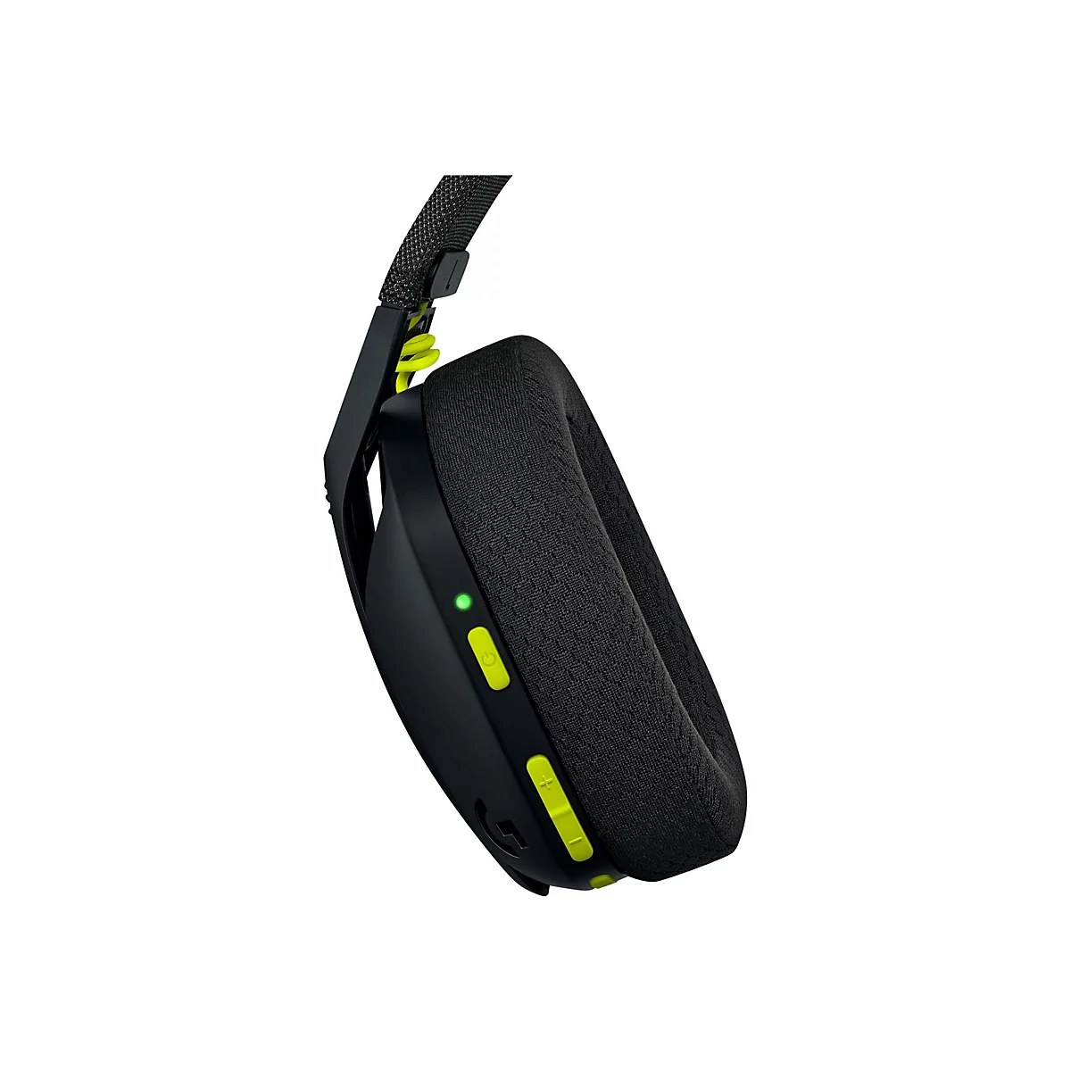 Schwarzes Gaming-Headset mit grünen Akzenten, Seitenansicht. Die Polsterung ist aus Stoff, die Knöpfe und Details sind gelb.