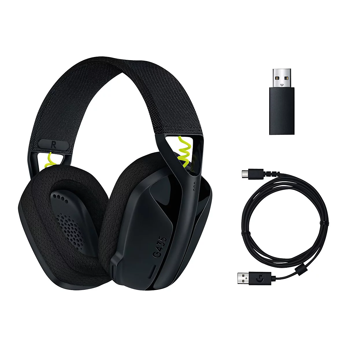 Schwarzes kabelloses Gaming-Headset mit gelben Akzenten und Zubehör auf weißem Hintergrund.