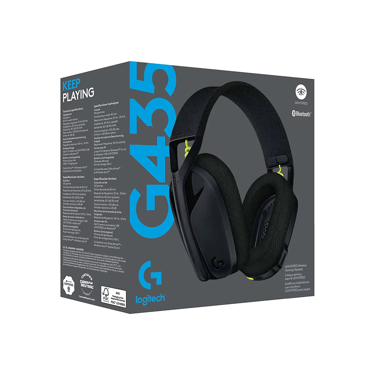 Die Produktverpackung der Logitech G435-Gaming-Headsets. Das Headset ist auf der Vorderseite der Verpackung abgebildet, zusammen mit Informationen zu den Spezifikationen und Funktionen.