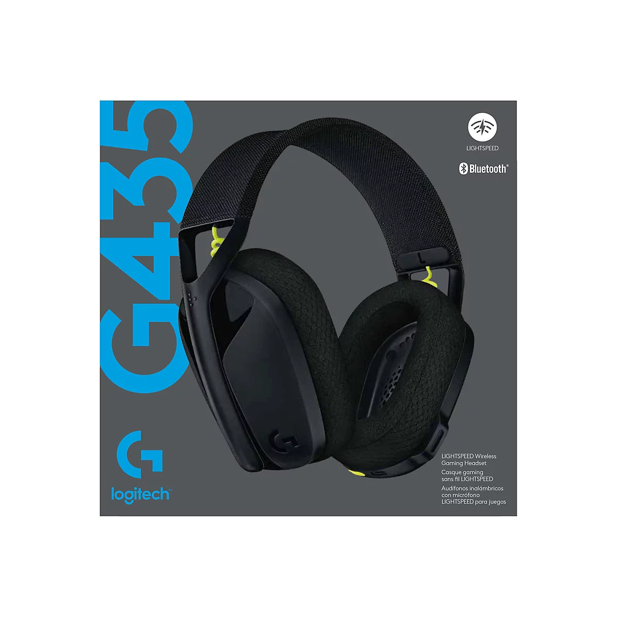 Schwarzes Logitech G435 Gaming-Headset auf grauem Hintergrund, mit gelben Akzenten, Bluetooth-Logo und LIGHTSPEED-Markenzeichen.