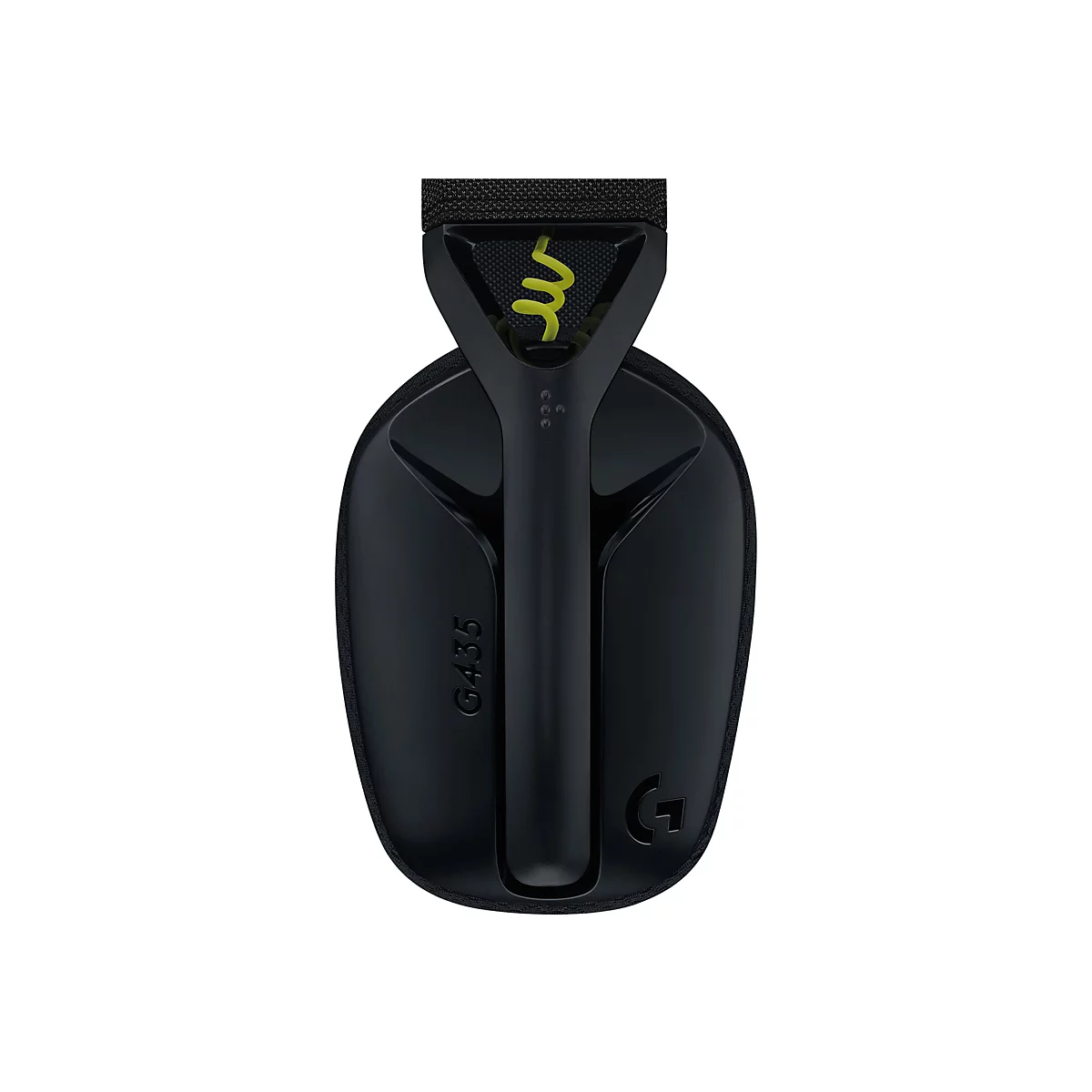 Detailaufnahme eines schwarzen Gaming-Headsets mit gelbem Akzent und Logo.
