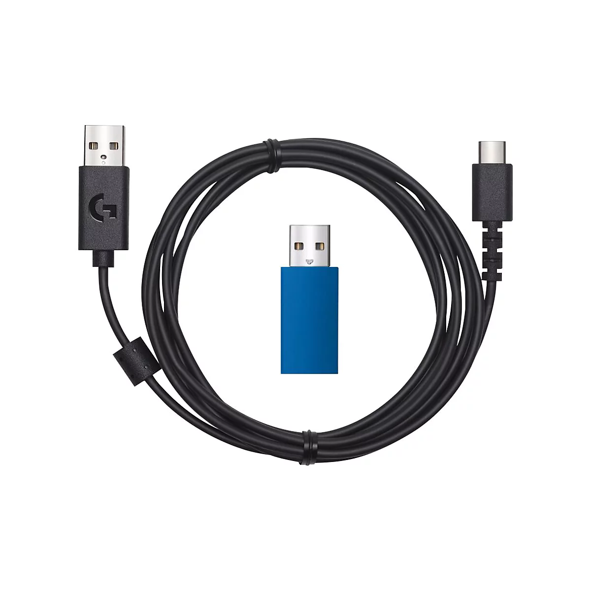 Schwarzes USB-Kabel mit USB-A- und USB-C-Anschlüssen, blauem USB-Empfänger und G-Logo auf einem Stecker.