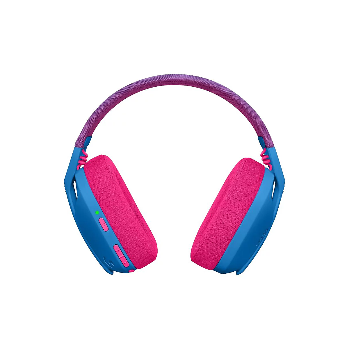 Blau-pinkfarbener Kopfhörer vor weißem Hintergrund. Der Bügel ist violett, die Ohrmuscheln pink und blau. Sichtbar sind Knöpfe und ein grünes Licht.