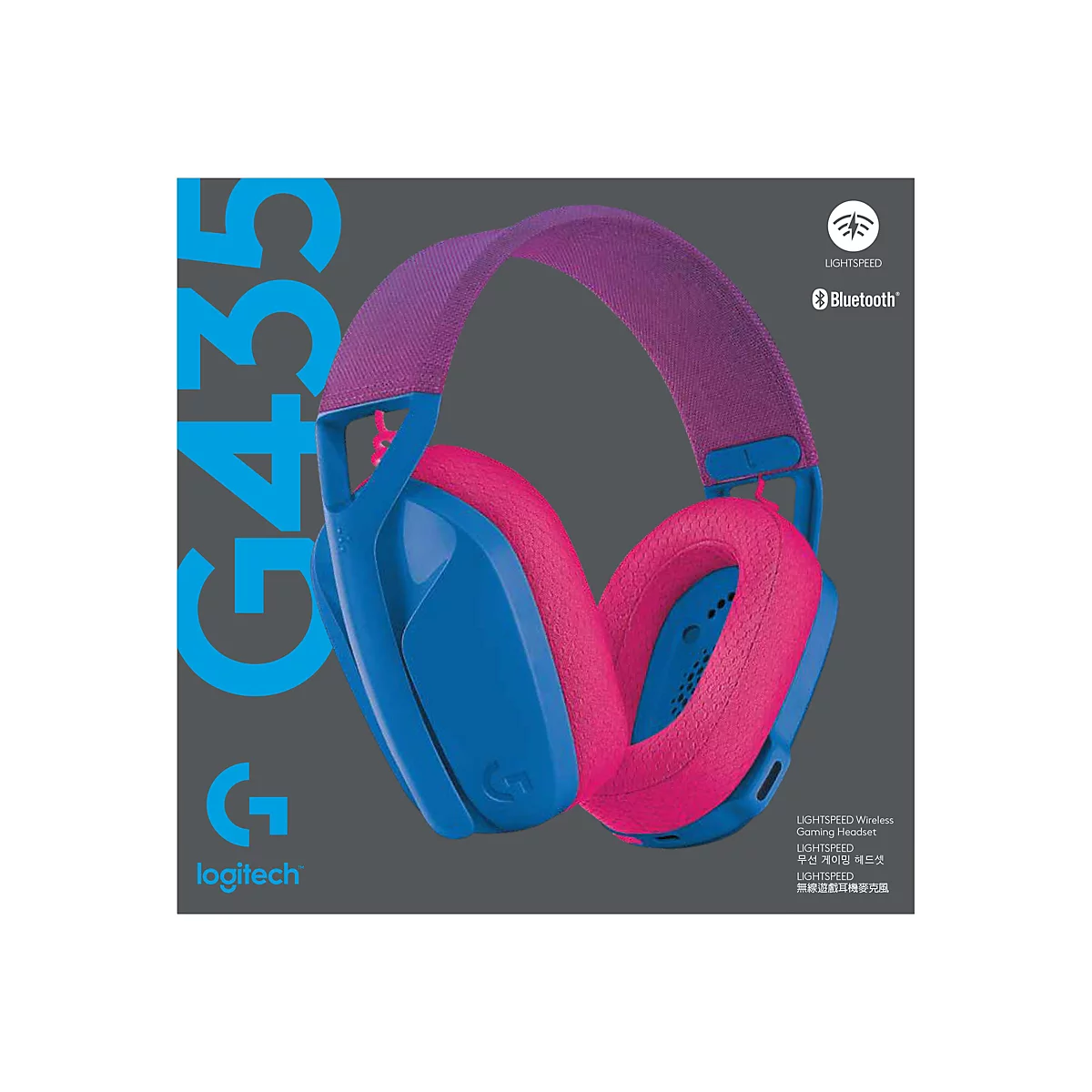 Casque Logitech G435 bleu et rose. Sur fond gris foncÃ©. Texte : G435, Logitech.