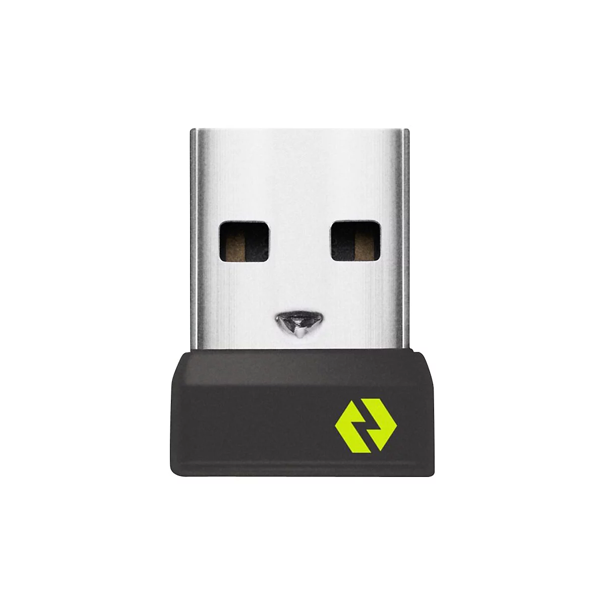 Nahaufnahme eines USB-Empfängers. Silberner USB-Stecker mit zwei quadratischen Öffnungen, schwarzer Unterteil mit gelbem Pfeil-Logo.