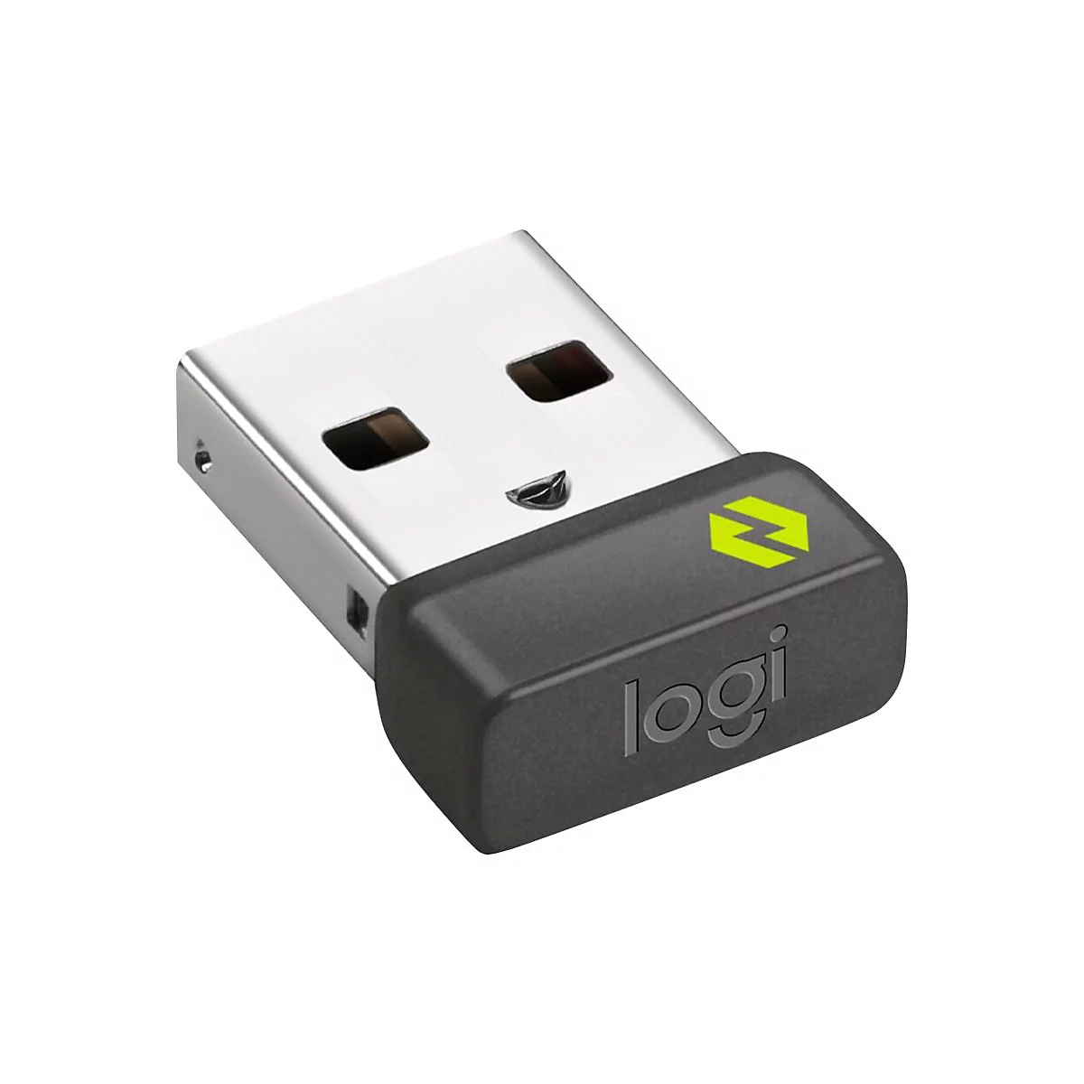Ein USB-Empfänger von Logitech, metallisch-grau mit schwarzem Logo-Teil. Die Aufschrift 'logi' ist aufgedruckt.