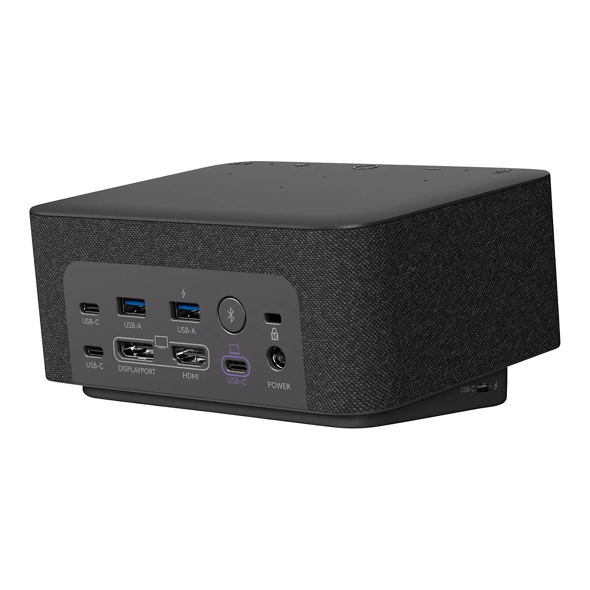 Schwarzer WÃ¼rfel mit AnschlÃ¼ssen. USB, USB-C, HDMI und DisplayPort-AnschlÃ¼sse.