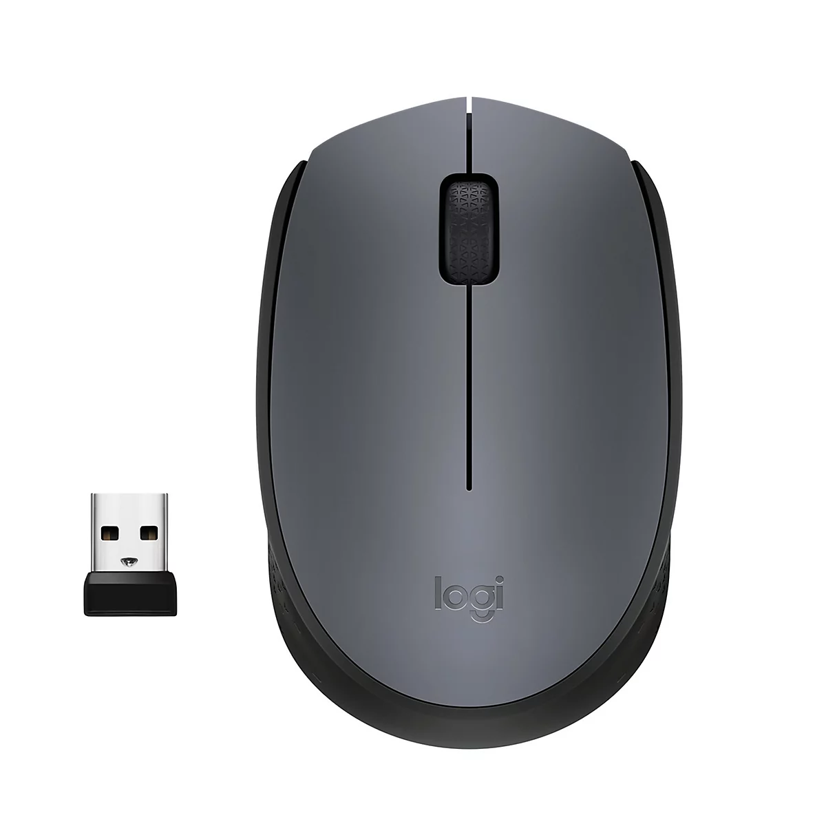 Drahtlose graue Maus mit USB-Empfänger, Logo „Logi“.