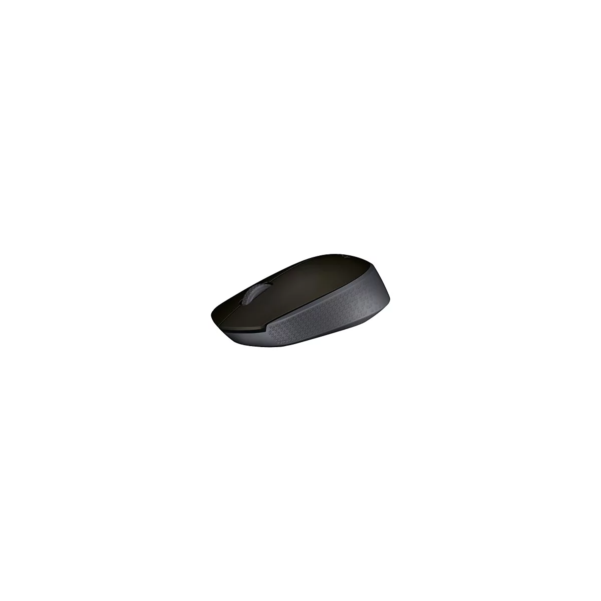 Drahtlose Computermaus in Schwarz, Detailaufnahme. Das Mausrad und der strukturierten Seitengriff sind gut erkennbar.