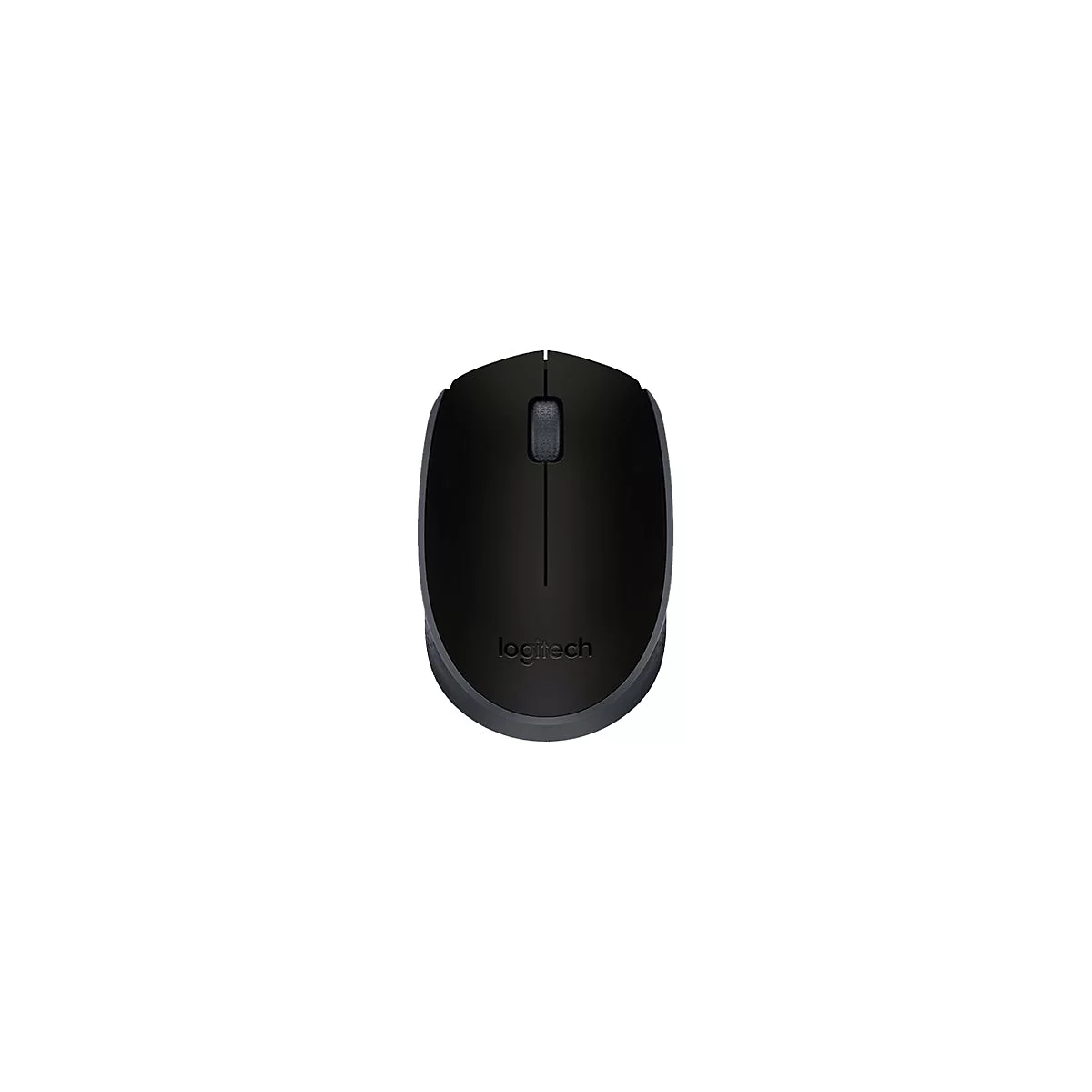 Schwarze Logitech-Maus, von oben betrachtet. Mit Scrollrad und Logo.