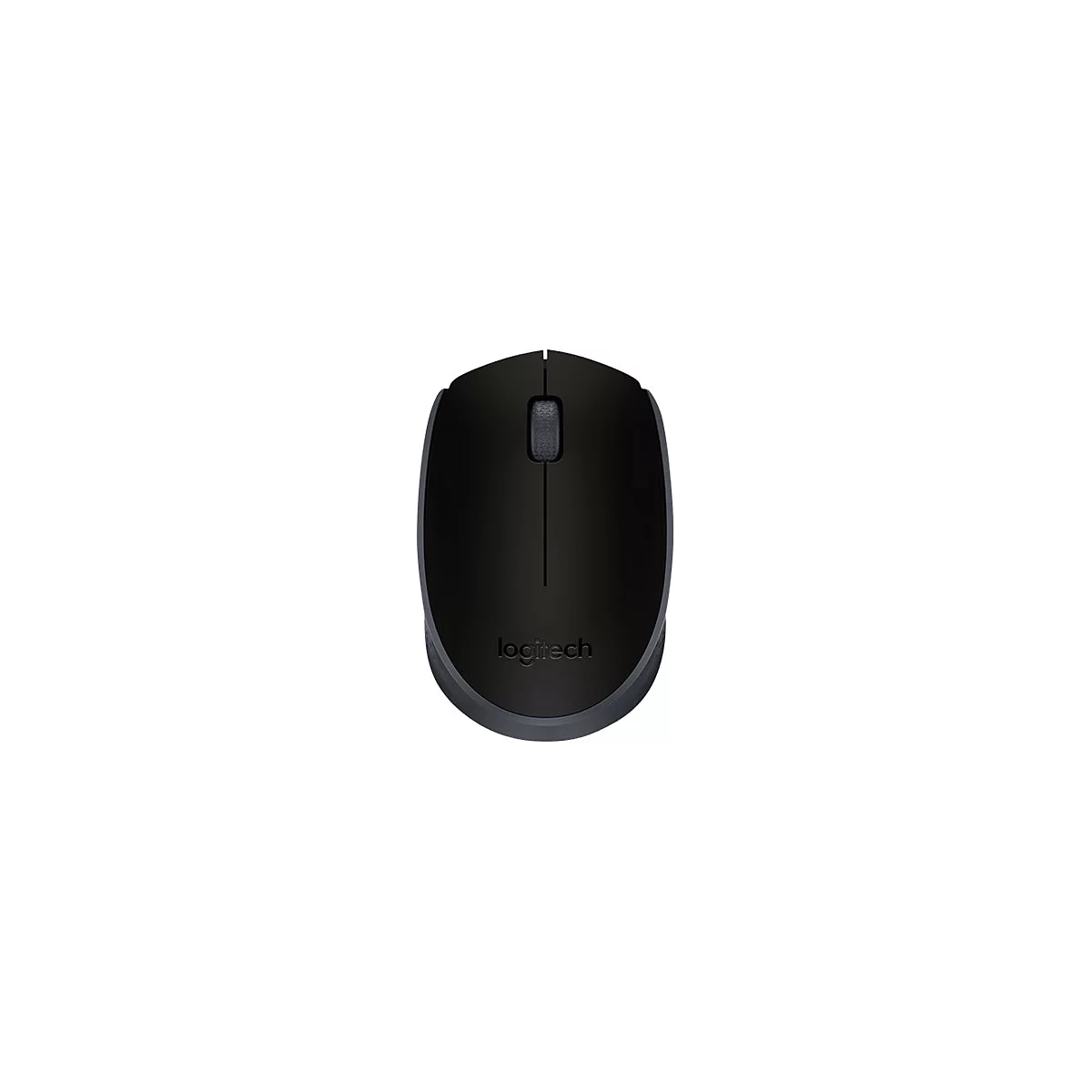 Schwarze Logitech-Maus, Drahtlos-Modell, mit Scrollrad. Aufschrift Logitech.