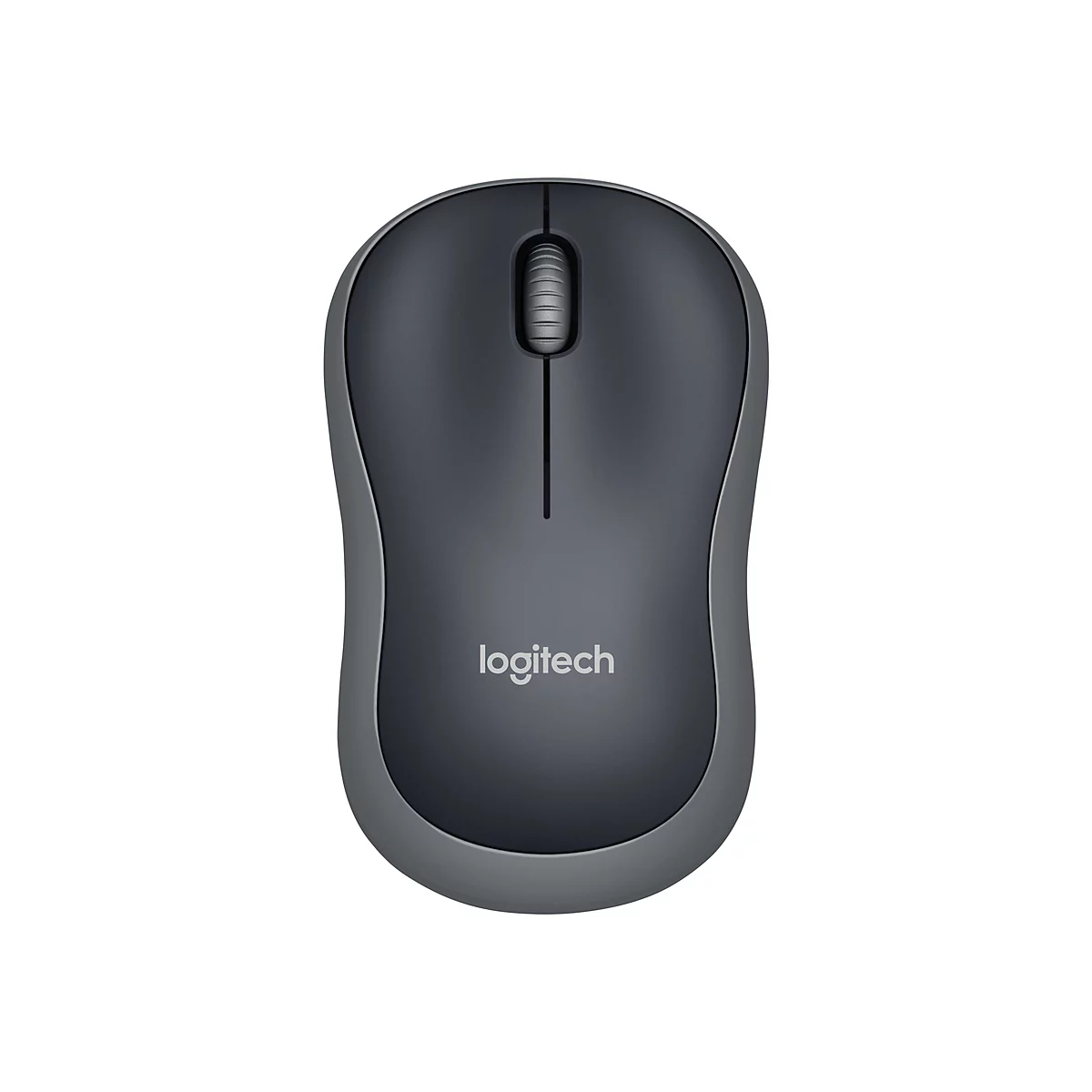 Souris Logitech sans fil en gris et gris foncé sur fond blanc. Au-dessus de la molette de la souris, le logo Logitech est représenté.