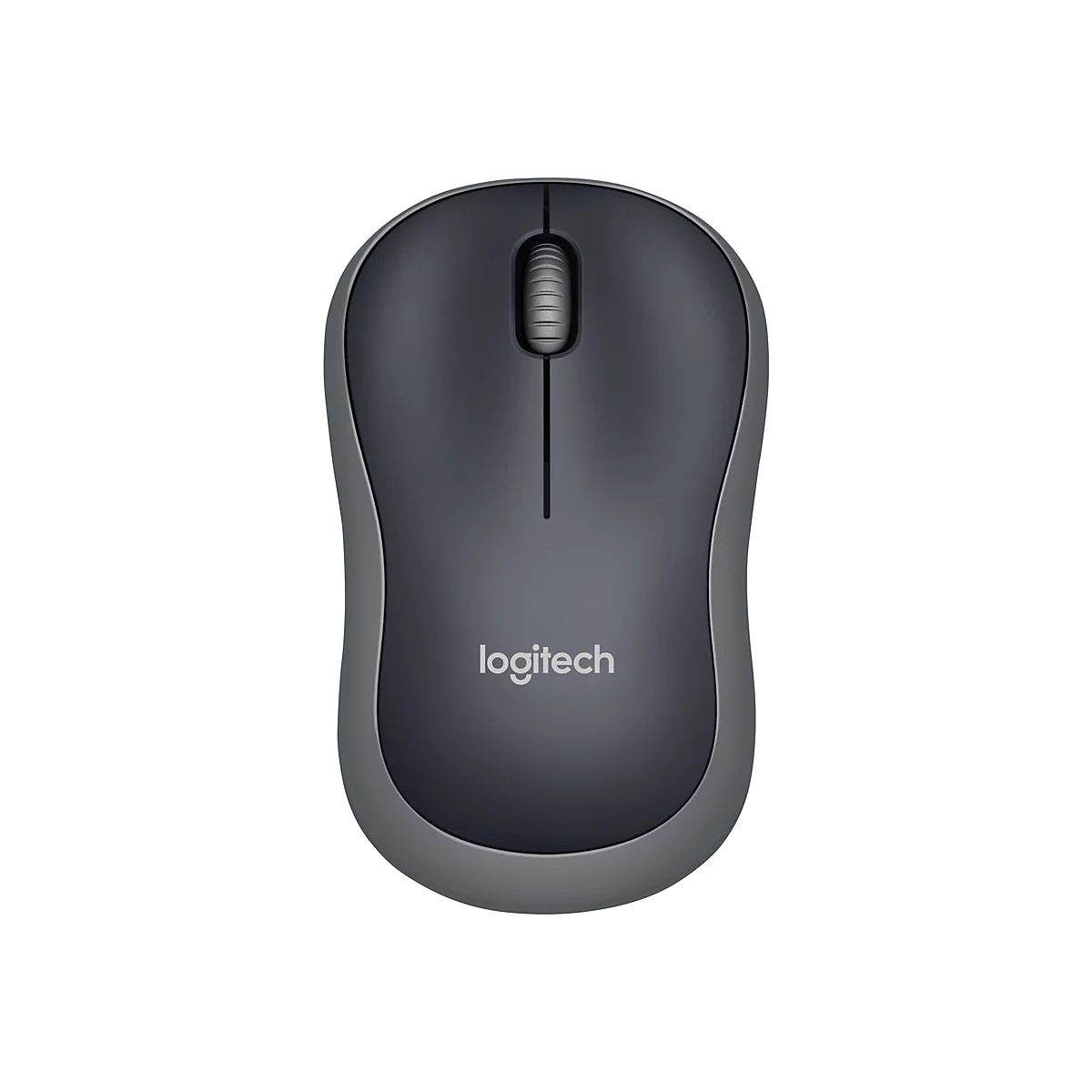 Drahtlose Logitech Maus, grau mit Rollrad und Logo.