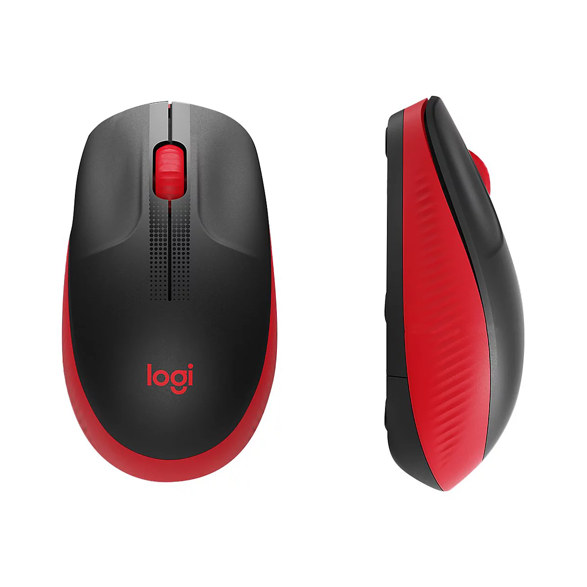 Drahtlose Computermaus in Schwarz und Rot, von vorne und seitlich betrachtet.