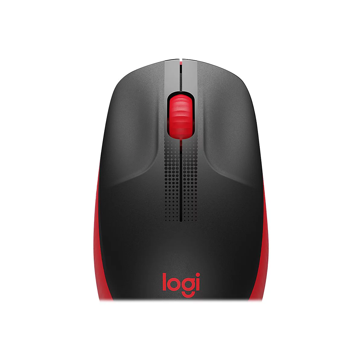 Drahtlose Computermaus in Schwarz-Rot. Logo von logi.