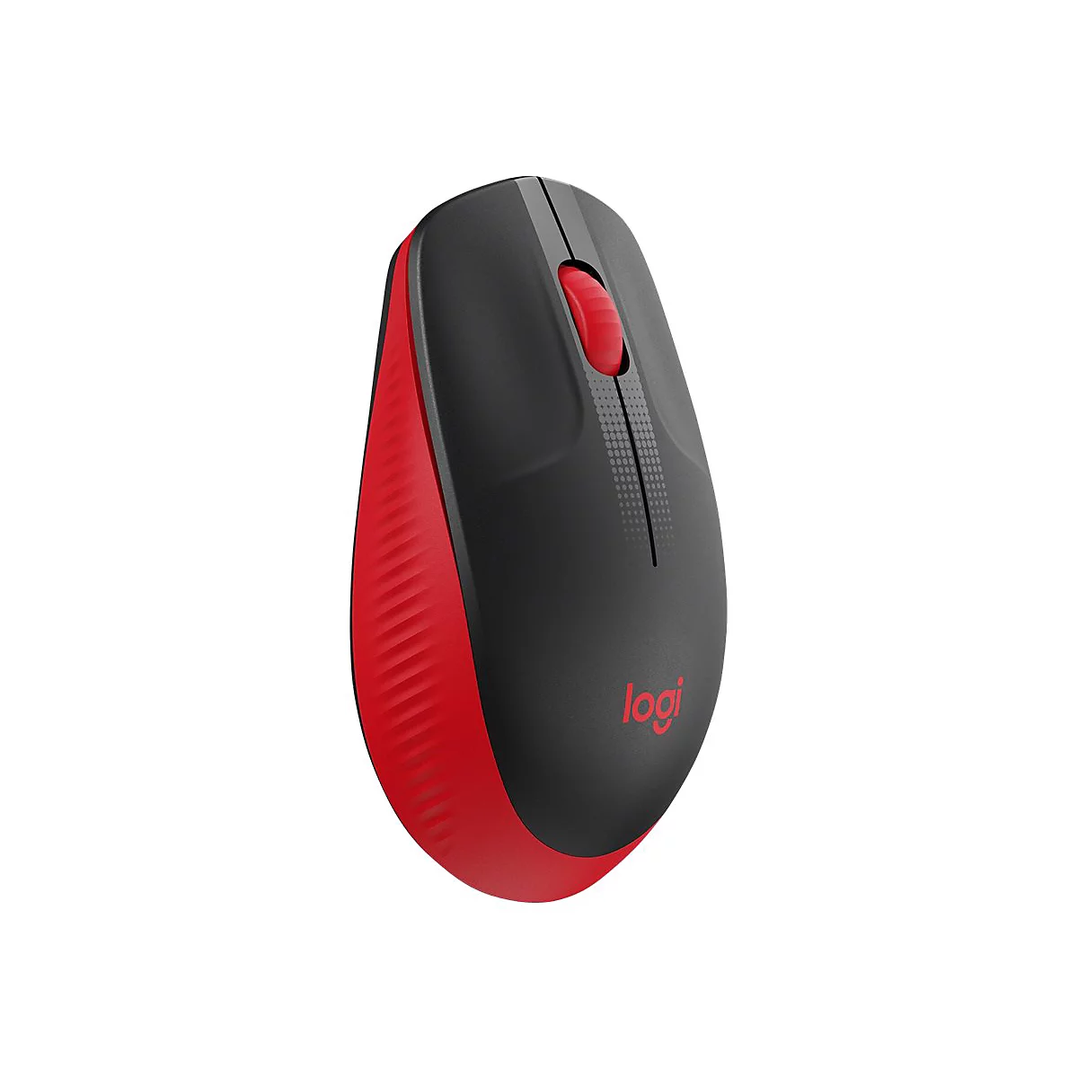 Schwarze und rote Computermaus, Markenname „logi“.
