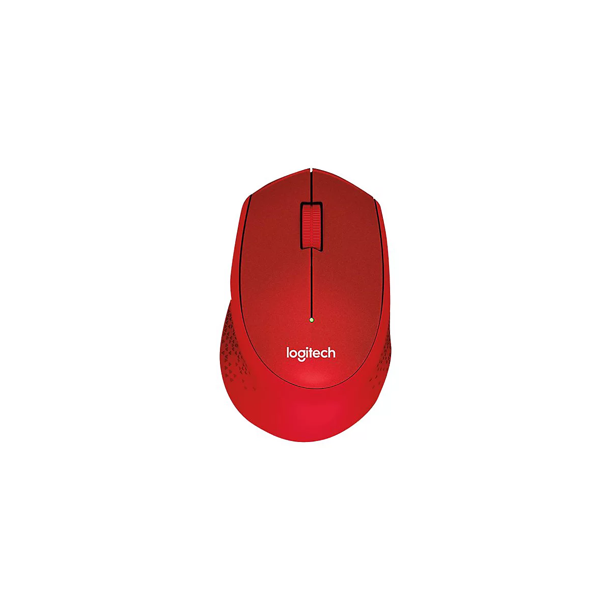 Rote Logitech-Maus mit Logo und Scrollrad auf weißem Hintergrund.
