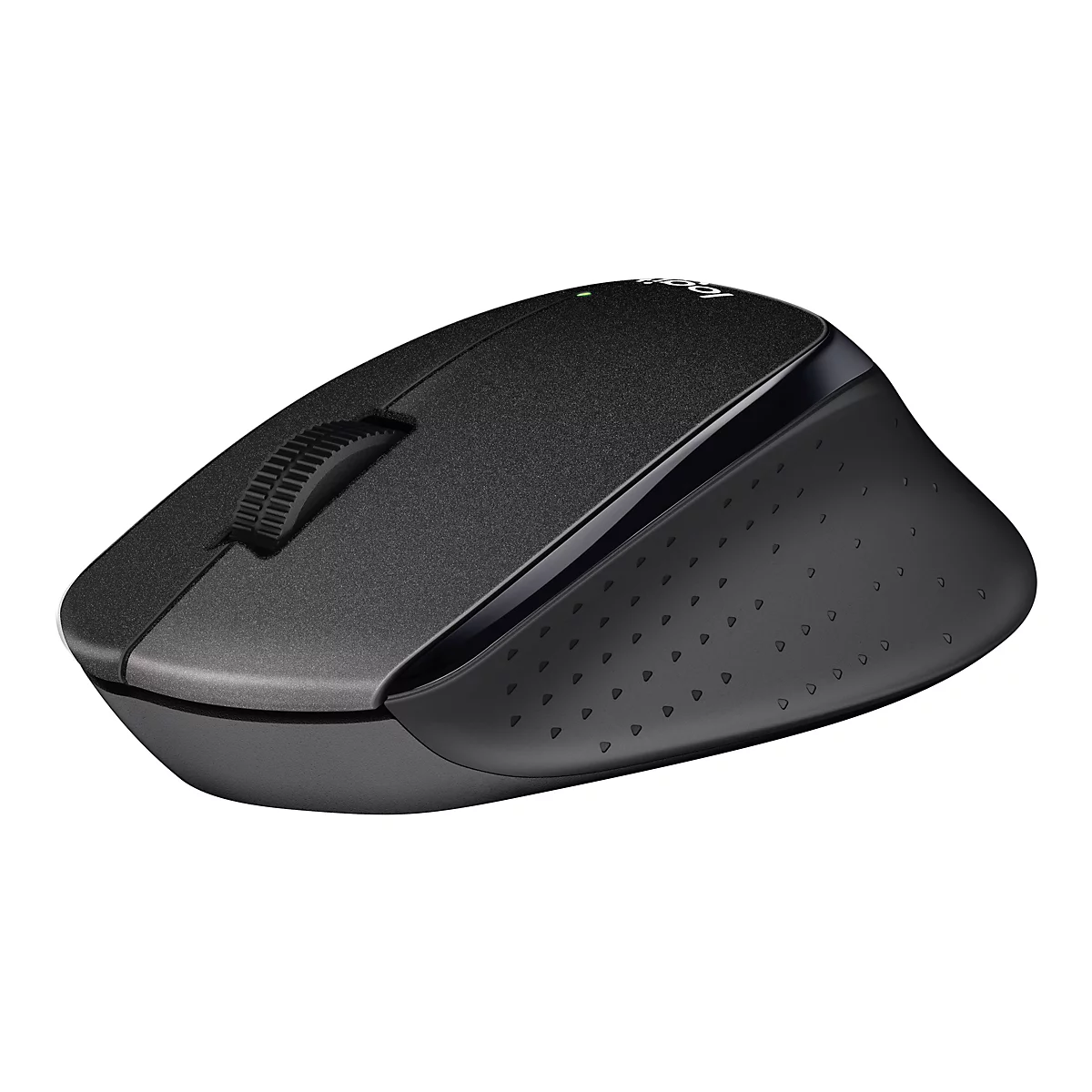 Schwarze Computermaus mit Scrollrad und Logo. Geformt für Rechtshänder.