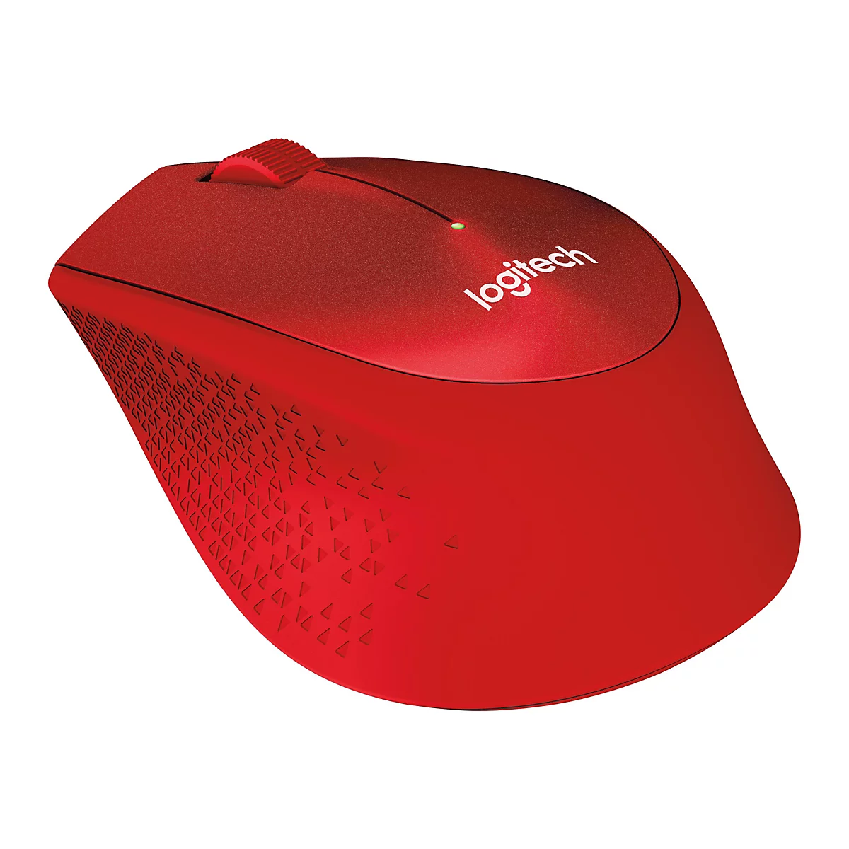 Rote Logitech-Maus auf weißem Hintergrund, mit Logo und Rollrad.