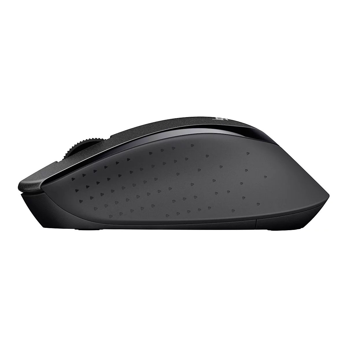 Schwarze Computermaus, Seitenansicht. Tasten, Scrollrad und ergonomisches Design.