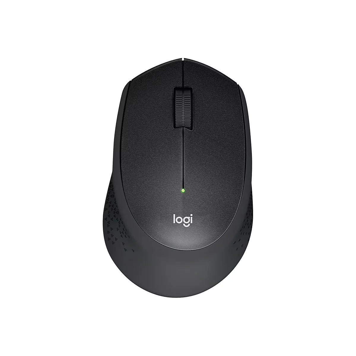 Schwarze Maus, oben mit Scrollrad, unten Logo.