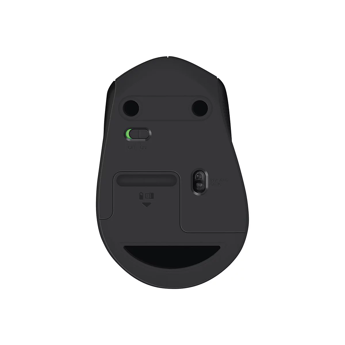 Vue de dessus d'une souris d'ordinateur noire, cÃ´tÃ© infÃ©rieur. Un interrupteur et un bouton sont visibles.
