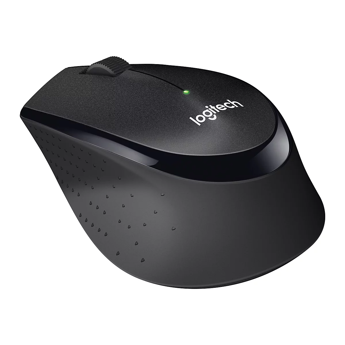 Souris d'ordinateur noire avec le logo 'Logitech', une molette de dÃ©filement et une LED verte. La souris a une forme ergonomique.