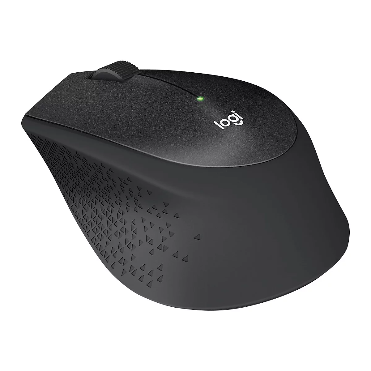 Souris d'ordinateur noire avec molette de dÃ©filement, logo et petite lumiÃ¨re verte. Le boÃ®tier a un motif.