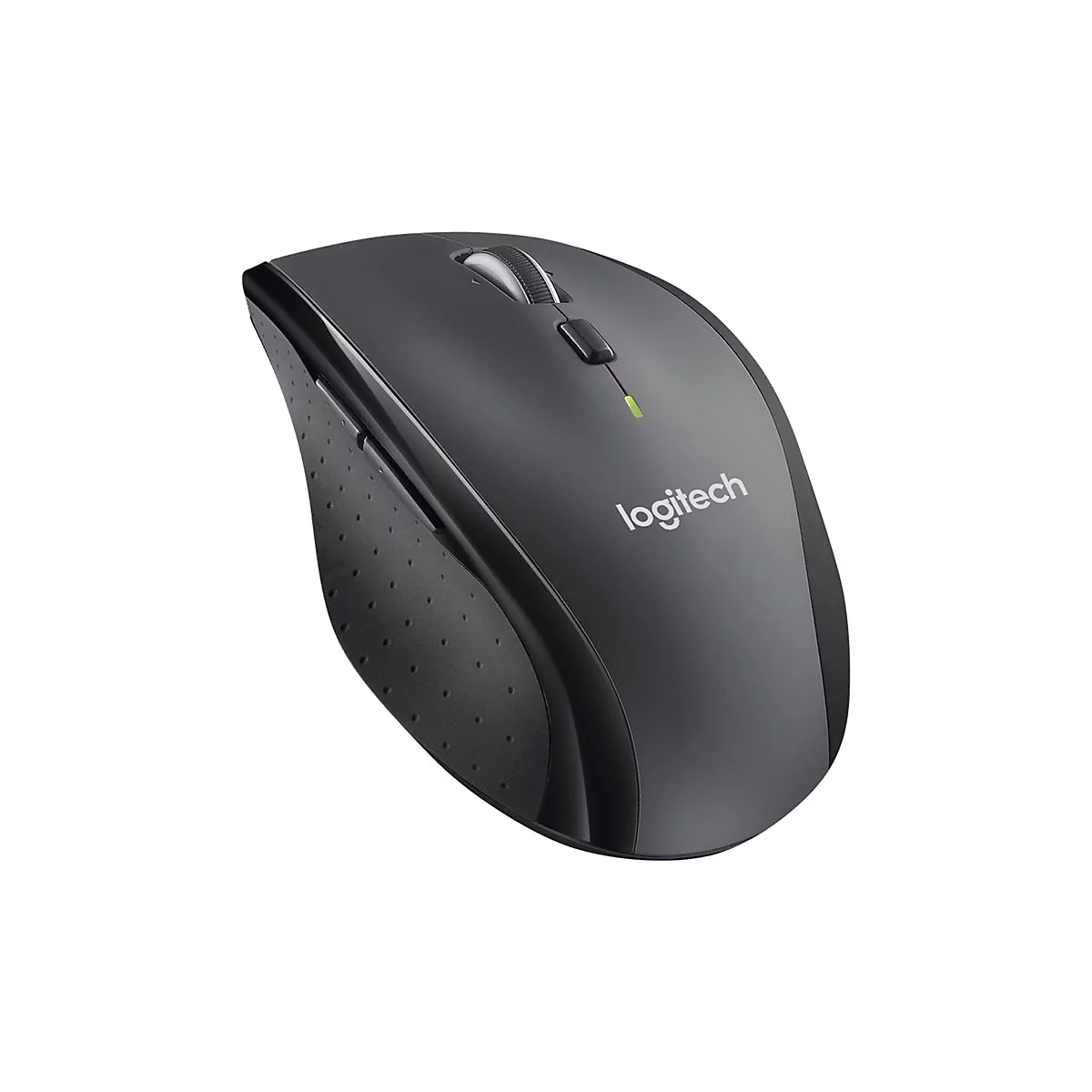 Drahtlose Maus in Schwarz mit Logitech-Logo und Seitengriff. Die Maus ist auf weiÃŸem Hintergrund abgebildet.