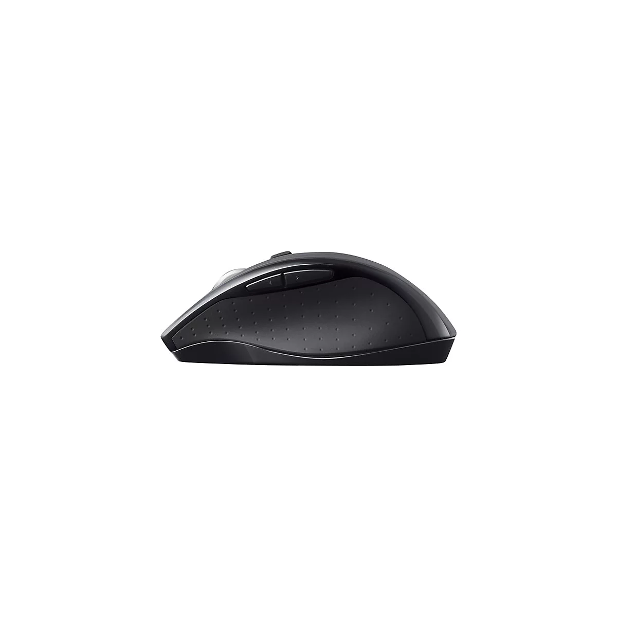 Schwarze Computermaus, seitliche Ansicht. Oberseite mit zwei KnÃ¶pfen und Scrollrad. Seitlich gummiert mit kleinen Punkten.
