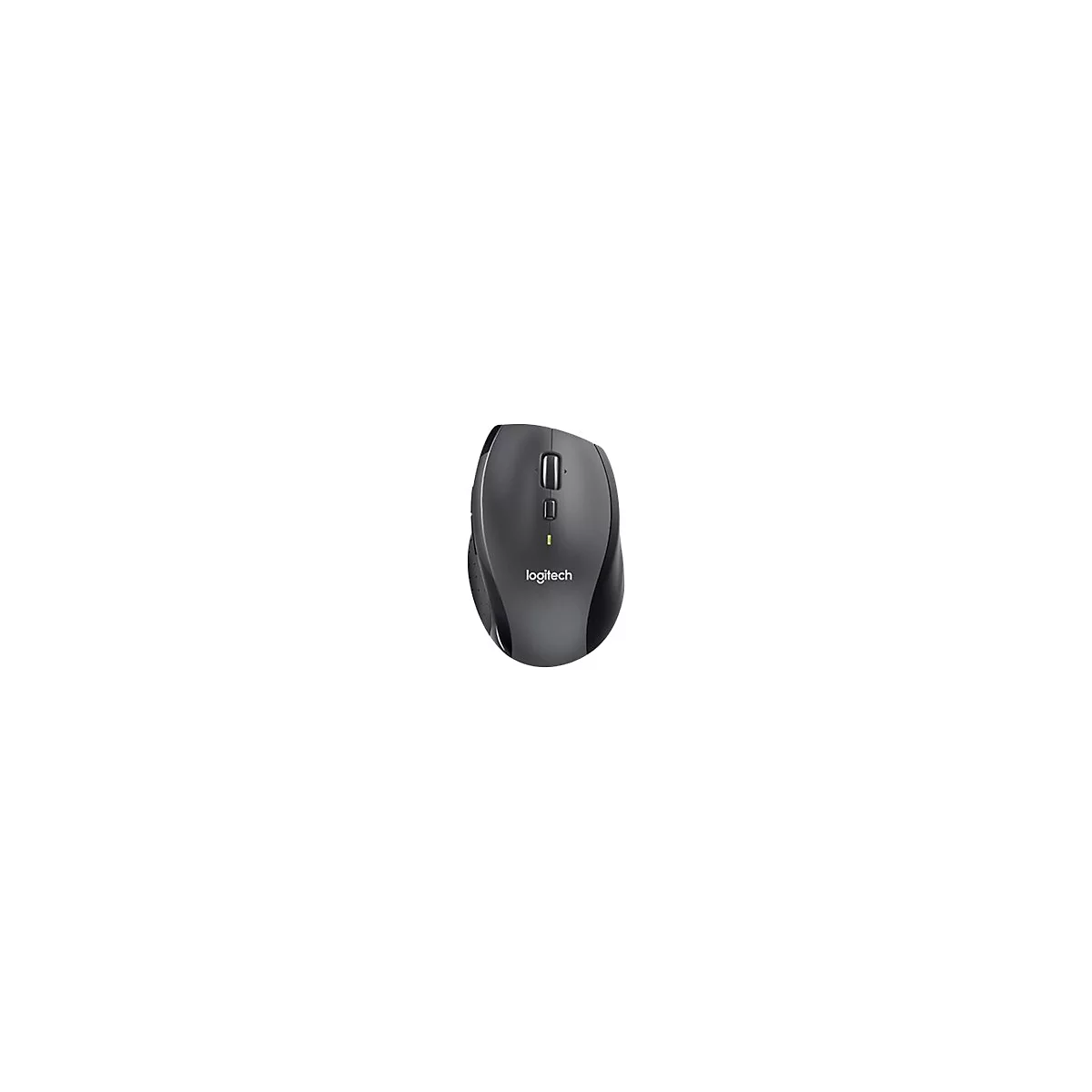 Drahtlose Logitech-Maus, dunkelgrau, mit mehreren Tasten und Scrollrad auf weißem Hintergrund.